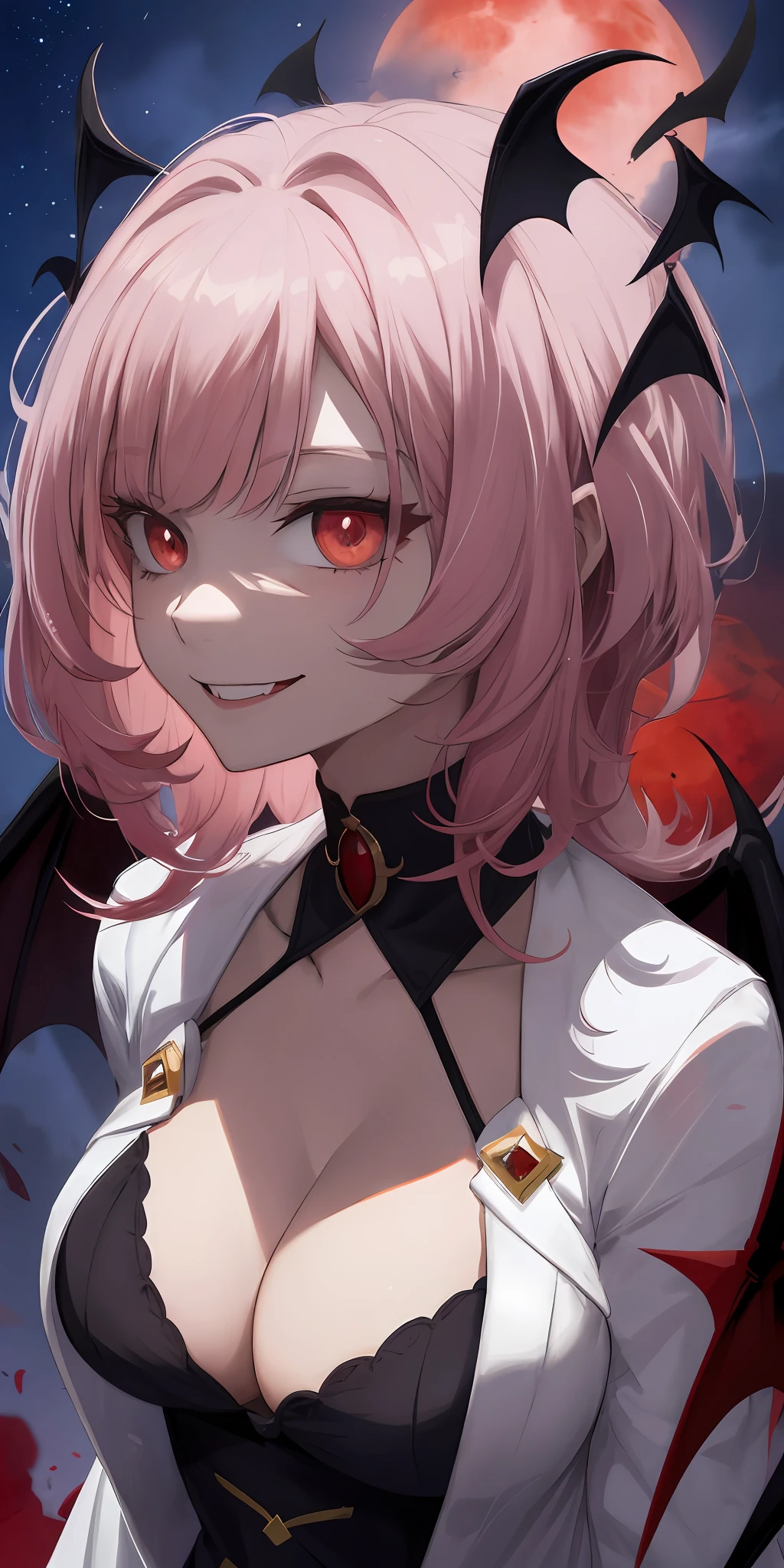 Vampire, bat wings, night sky, red moon, yandere smile, psychopathic smile, blood on face, blooded background, evil smile, teeth fangs, eyes shaped symbol| + |, cleavage, hq, 8k