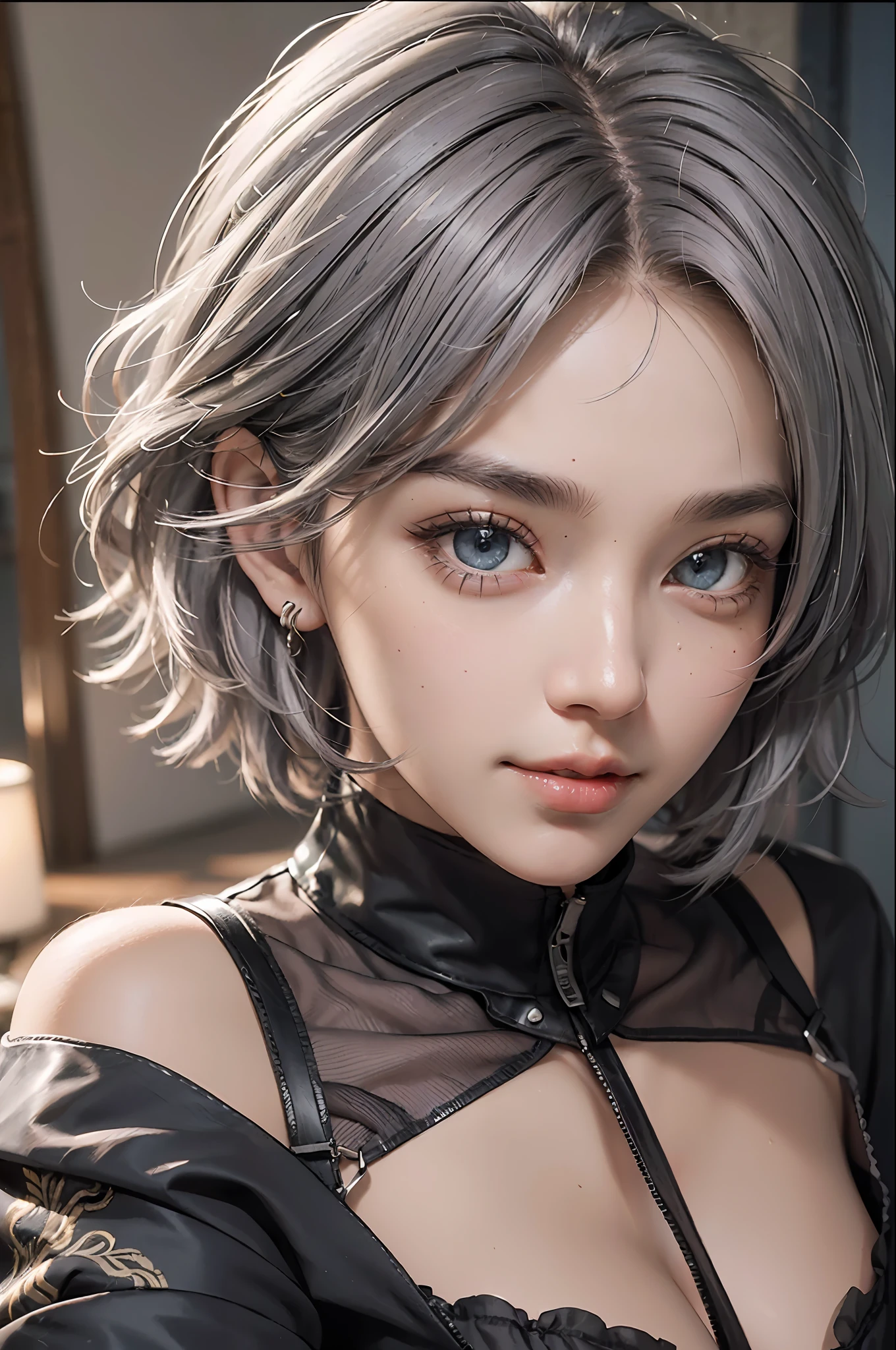 high resolution, highest quality, illustration, super detailed, (detailed face), (detailed eyes), cinematic lighting, best quality, super detailed, masterpiece, 1 girl, solo, gray eyes, short hair, multi-colored hair, asymmetrical hair, belt, pleated skirt, stockings, bare shoulder, smile,