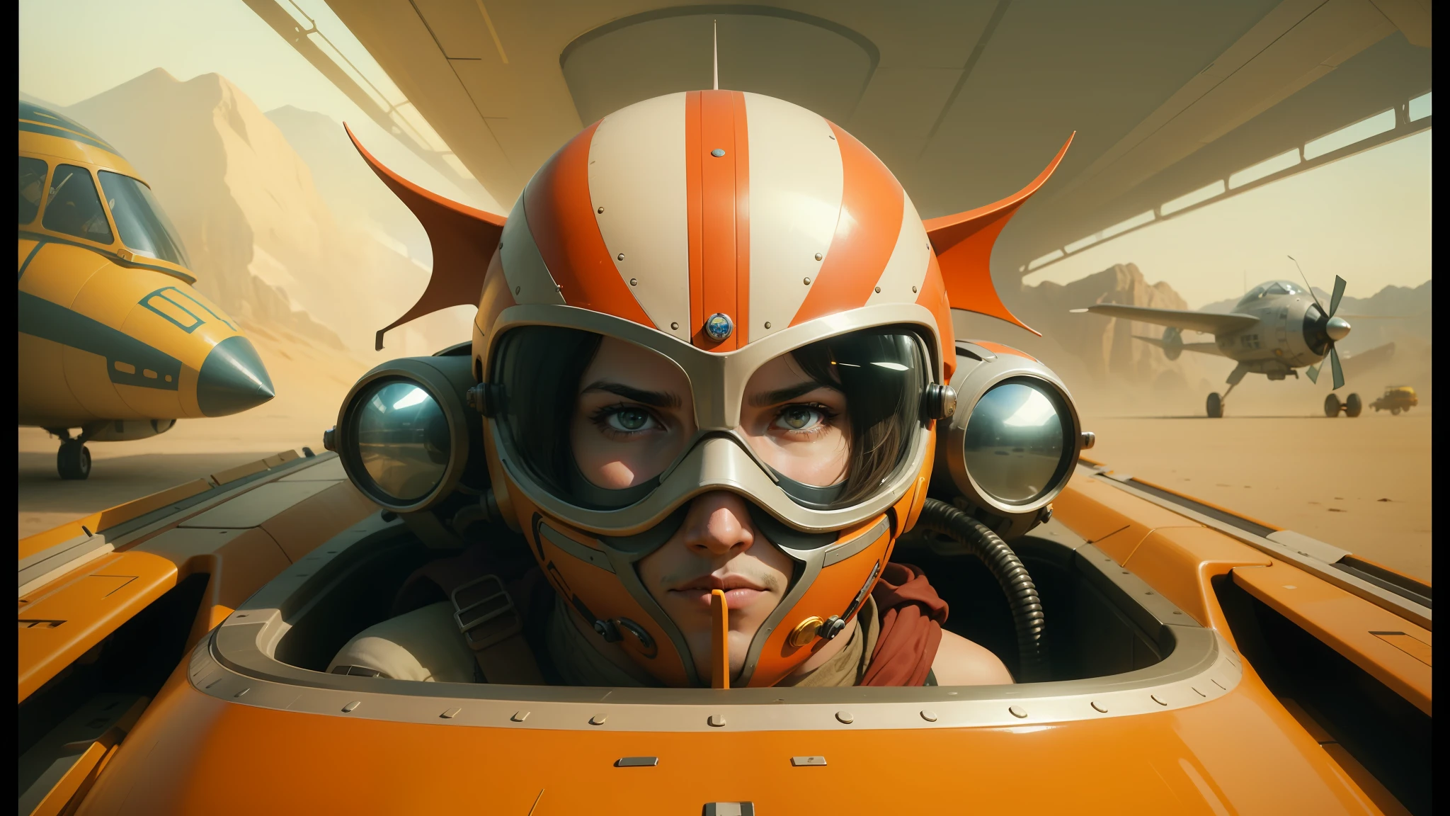 there is a man in a helmet and goggles in a plane, jodorowsky's dune movie, artgerm and patrick demarchelier, speeder, bolts of bright yellow fish, 1 9 2 0's sci - fi, facial closeup, still image from the movie, post - apocalyptic cowgirl, speedy aircraft, trending on art, anamorphic illustration --ar 16:9 --auto --s2