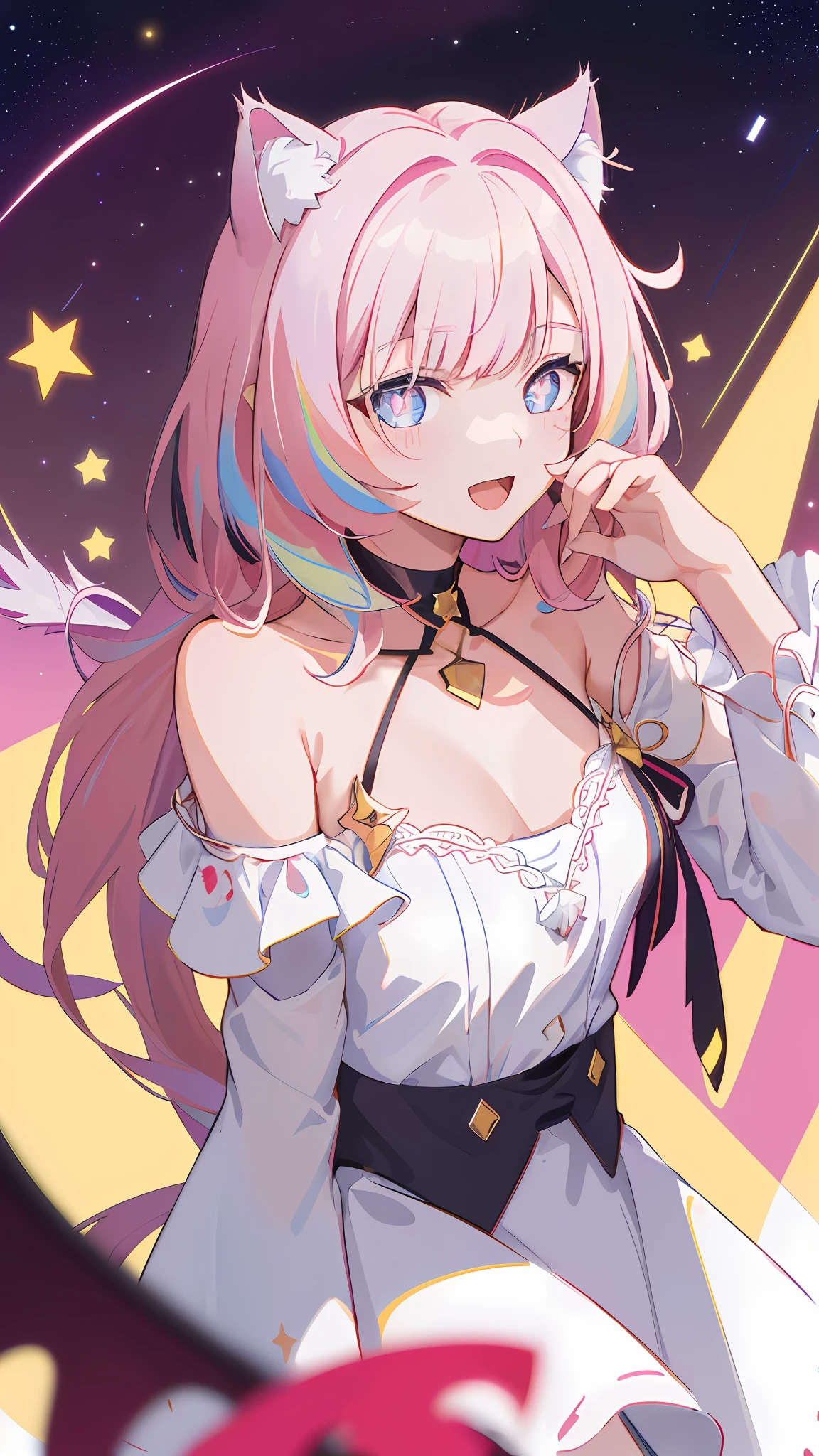 (masterpiece, best quality), ((1girl, (mature female) long hair), (star-shaped pupils, +_+, symbol-shaped pupils, sparkling eyes), (cat ears, open open mouth)), (looking at viewer, light smile, off shoulder), (abstract, multicolored background, abstract background, chromatic aberration), vampire, blood on face, blood on clothes, bat wings