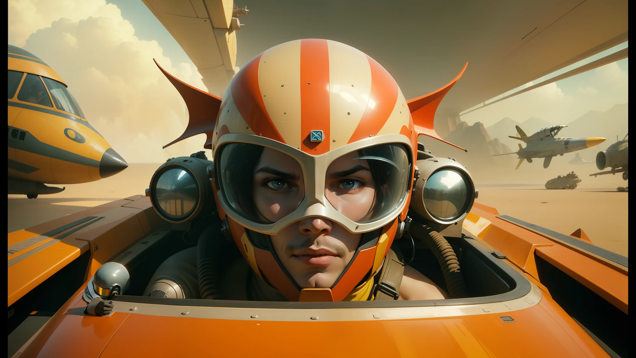 there is a man in a helmet and goggles in a plane, jodorowsky's dune movie, artgerm and patrick demarchelier, speeder, bolts of bright yellow fish, 1 9 2 0's sci - fi, facial closeup, still image from the movie, post - apocalyptic cowgirl, speedy aircraft, trending on art, anamorphic illustration --ar 16:9 --auto --s2