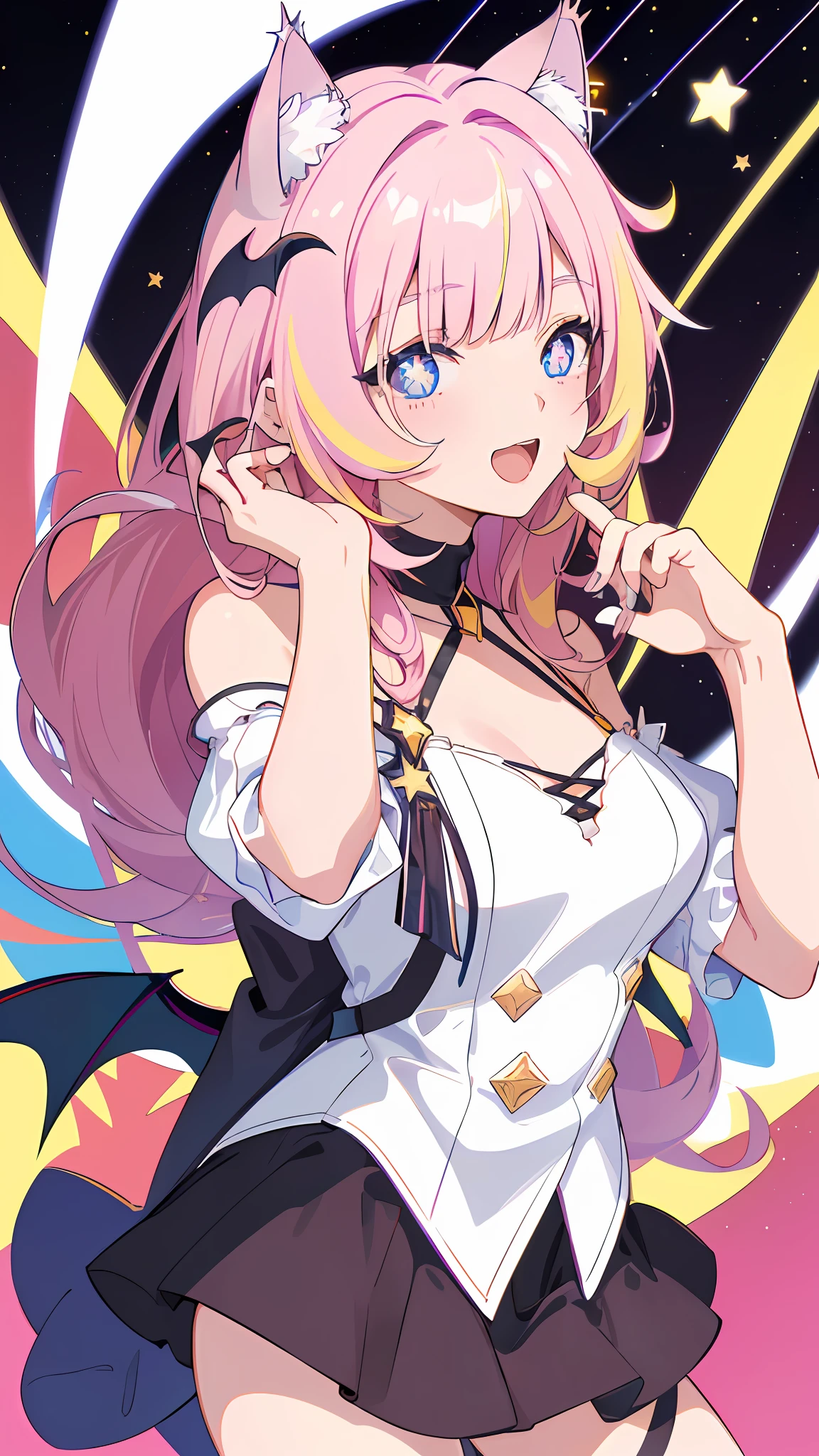 (masterpiece, best quality), ((1girl, (mature female) long hair), (star-shaped pupils, +_+, symbol-shaped pupils, sparkling eyes), (cat ears, open open mouth)), (looking at viewer, light smile, off shoulder), (abstract, multicolored background, abstract background, chromatic aberration), vampire, blood on face, blood on clothes, bat wings