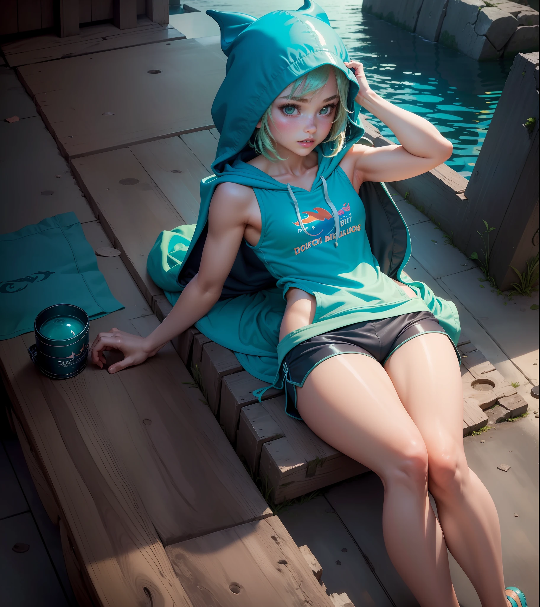 1girl, young, Tinker Bell, ((dolphin shorts, tanktop, hood)), solo, official art, unity 8k wallpaper, ultra detailed, perfect hands, 4x ultrasharp, beautiful and aesthetic, masterpiece, best quality, shiny skin, the most beautiful form of chaos, elegant, a designed brutalist, vivid colors, romanticism, ((Fairytaleai)),