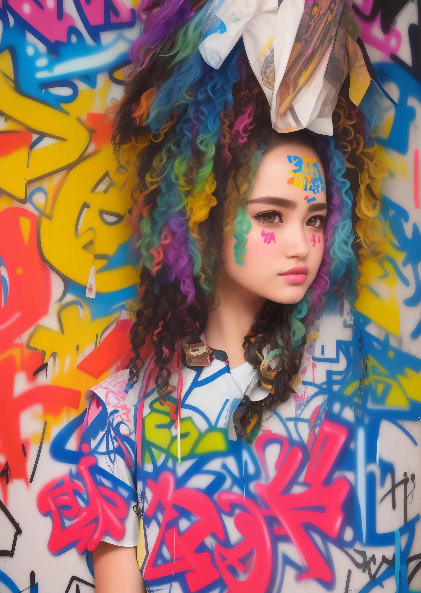 extremely detailed CG uniform 8k illustrations, high color substitution, sketches graffiti art, illustrations photo, masterpiece, hyper detailed, best quality, ultra high res, high resolution, (intricate details), perfect lighting, best shadow, bigger body, smaller face, muscular, (graffiti wall:1.4),1 girl(extremely detailed face and eyes), (shiny big eyes), (shiny graffiti long hair:1.2), ((colorful)), ((colorful illustrations)), face focus, lip gloss, random eyes color, big boobs, cyberpunk design top