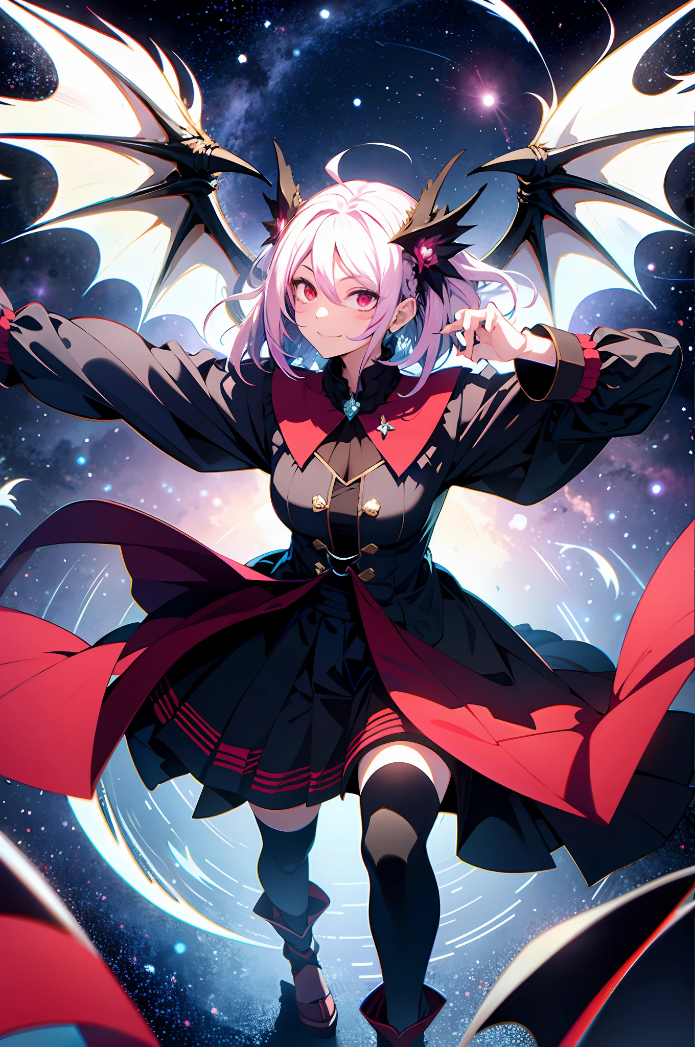 Yandere face, yandere smirk, psychopathic smile, psychopathic smirk, dragon wings, yandere, full body, colorful, vivid colours, space background