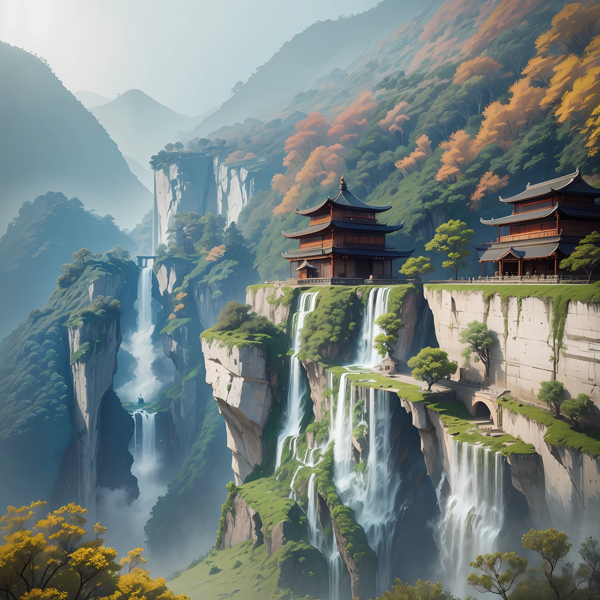 The site is in a square, the depth of the pit landscape is about 5m, the ancient building gallery frame on the cliff, the cliff flowing water, the fairy air is fluttering, the fog is thick, there are Chinese structures, the overall picture is Chinese, the perspective is perspective --auto --s2