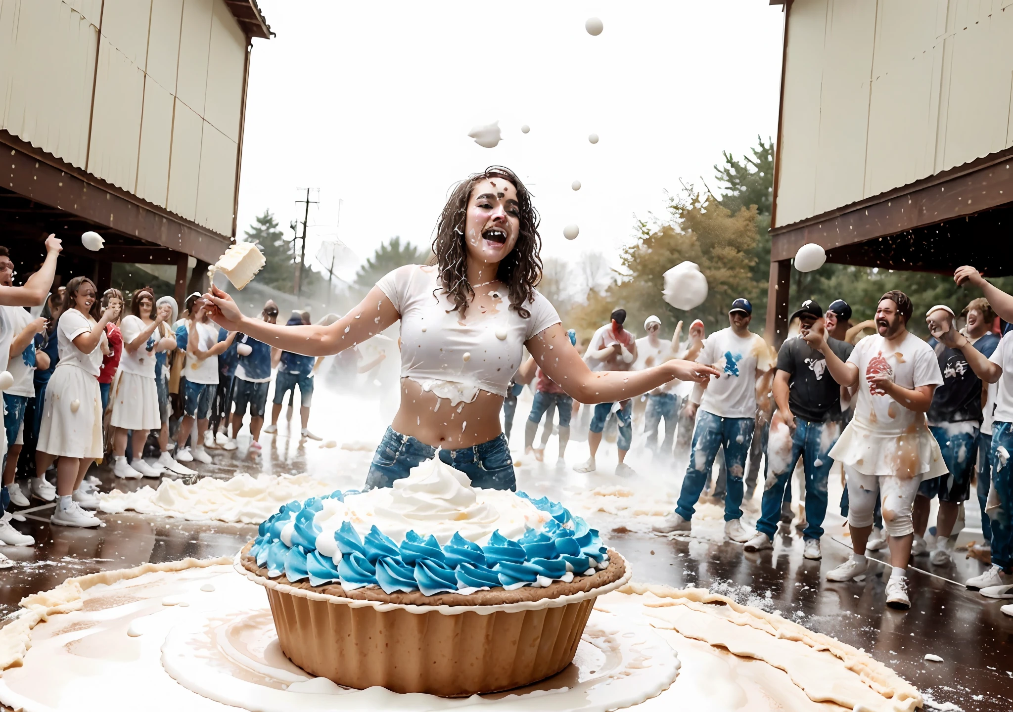 (extremely detailed CG Unity 8k wallpaper, masterpiece, best quality, ultra-detailed), (best lighting, best shadow), (messy), (playful), (blue princess outfit), (large pie-throwing contest). Watch them get plenty of it (whipped cream splattered all over their face and body). It's an experience (messy game: 9.9) and (wet and messy: 1.9) they endure (cream covered body: 8.8) of (pie toss) and (pie toss: 1 ,9) and (pie fight: 1.9), with (flying cream), (big pie splatters: 1.9) and (flying pies galore), (dynamic), (action shot), group photo , (large cream splashes on face: 1.9), (large cream splashes on clothes: 1.9), stained hair, cream explosion, cream squirt
