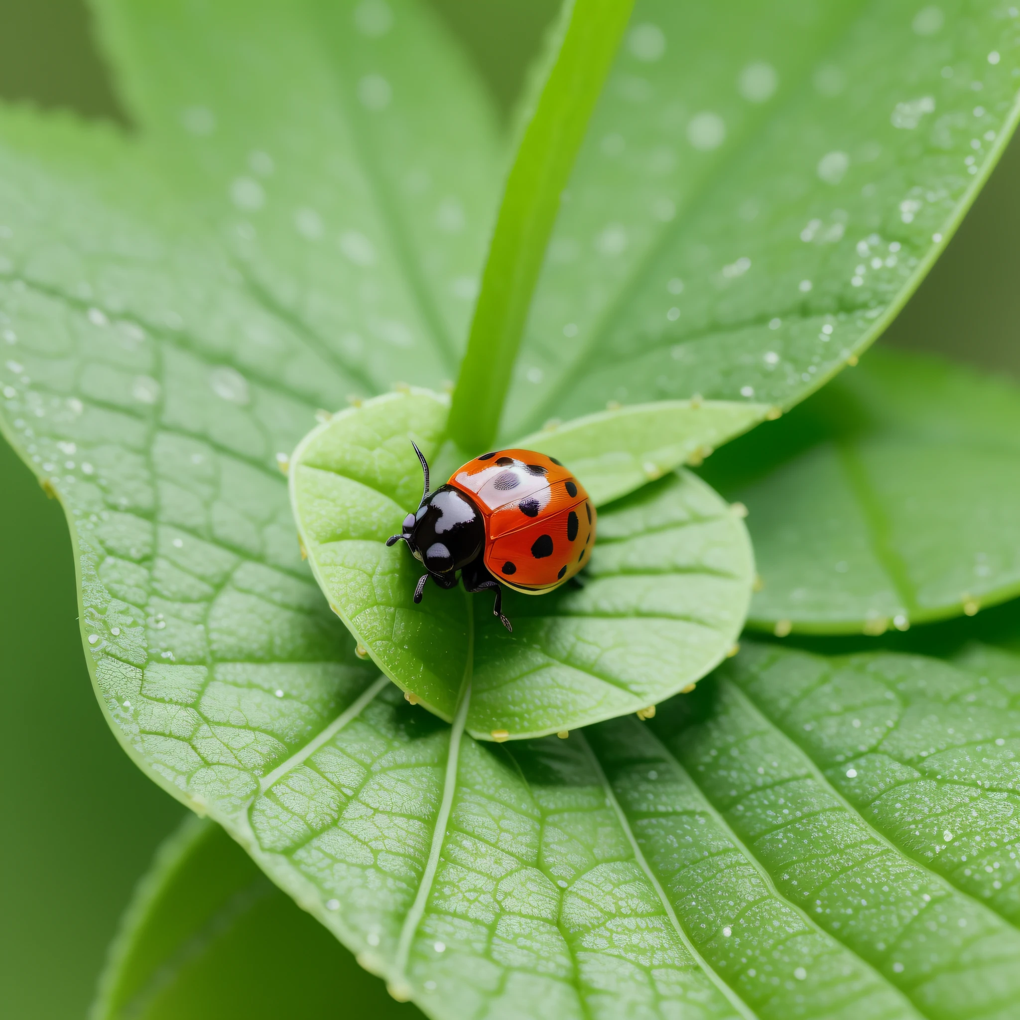 By Miki Asai, a ladybug on a leaf, macro photography, close-ups, stunning macro details, crystal clear droplets, nature, ultra-high definition, backlight, canon EOS R 5-auto-s2