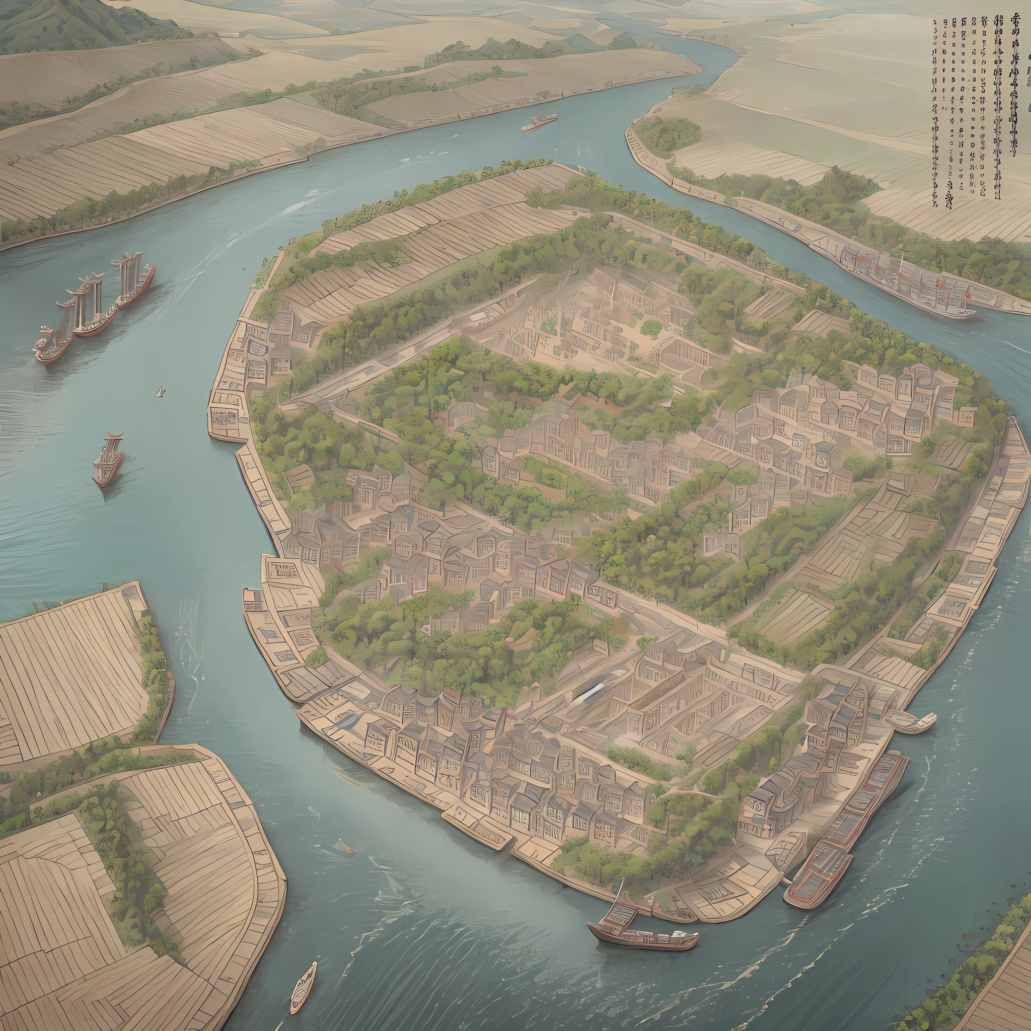 The overall picture of the Qingming upper river map is a wide river channel with buildings and figures on both sides and boats on the river, which can describe the size of the river channel and the shape of the riverbank.

In the Qingming upper river map, there are many characters, they are moving by the river, streets, shops, docks and other places, which can describe the costumes, postures, and behaviors of the characters.

The buildings in the Qingming Shanghe map include palaces, temples, shops, houses, etc., which can describe the style, scale, layout, etc. of the buildings.

The boats in the Qingming upper river map include dragon boats, cargo ships, fishing boats, cruise ships, etc., which can describe the size, shape, decoration, etc. of the vessels.

The Qingming upper river map is rich in color and can describe the color and light and shadow effects of different areas. --auto --s2