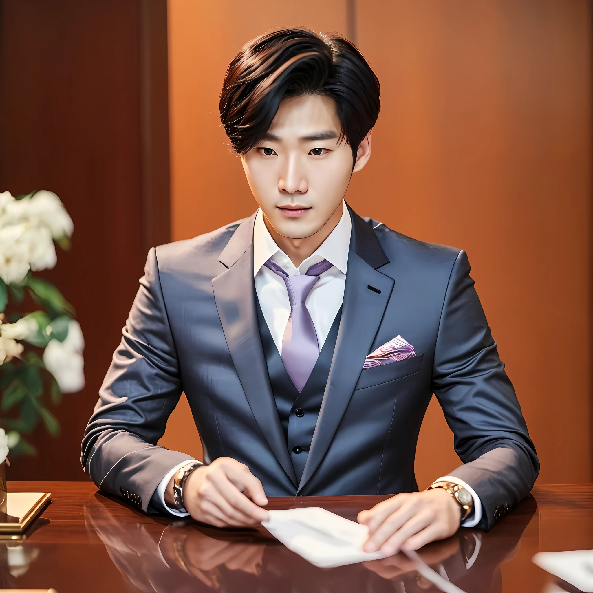 ((28 year old Korean man,Mr. Kim)).wearing expensive suit.charming.most beautiful man in the perfect world.super realistic.korean drama scene.movie actor.