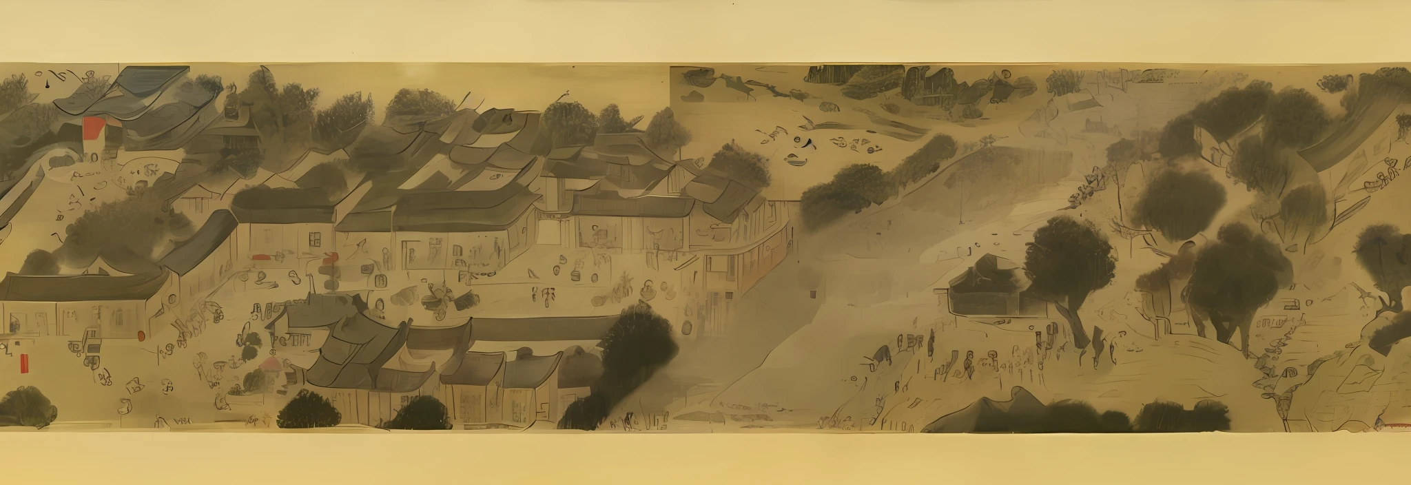 An ancient painting of a village with many people, Qing Dynasty painting, Qing Dynasty, Ancient Chinese painting, Song Dynasty, traditional painting, Li Di, ancient Chinese art style, Tang Di, Qiu Ying, Qian Du, Chinese traditional painting, Chinese countryside, Chinese traditional art, Li Rongjin, Gu An, Qingming upper river map