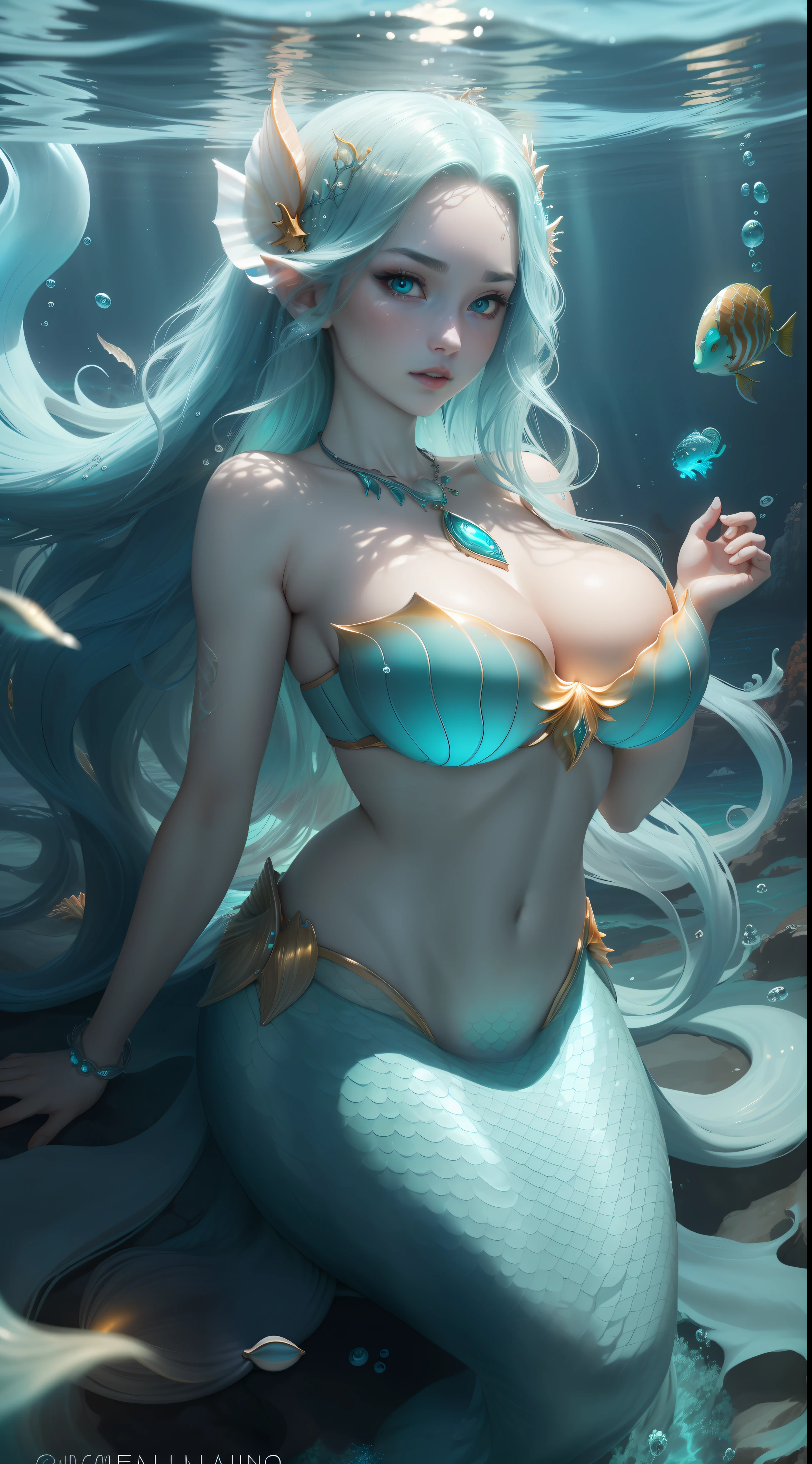 Beautiful woman with a perfect face, perfect body figures, perfect boobs, realistic facial expression, long cyan flowing hair, light cyan eyes, pale skin, wearing a shell bra with intricate decorations, mermaid, naga tail, confident expression (dynamic Angle, dazzling cyan eyes, delicate necklace, furious), (ocean radiation, under water, deep ocean background, wave sparklings, glowing particles, sea weeds and fishes, faint darkness), high saturation, movie light, edge light, best shadow, best lighting