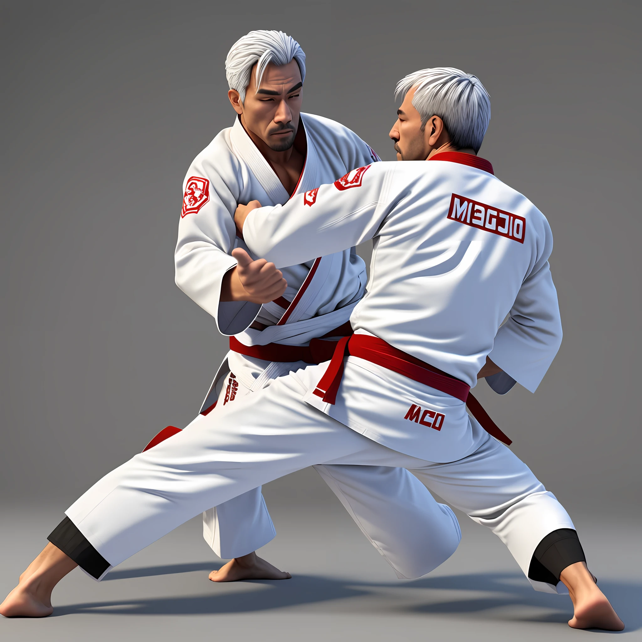 magician, skinny, kimono of jiu jitso white, written on kimono : Magoo bJJ, rendered in 3D , 4k in a fight in fighting position --auto --s2