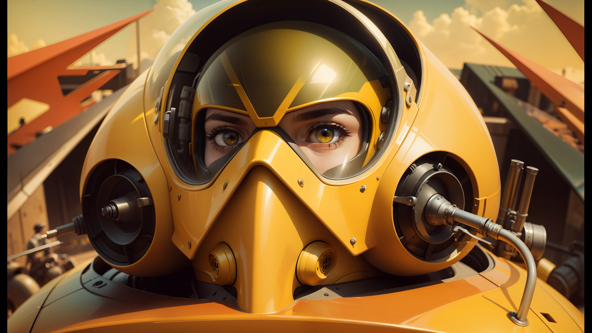 there is a man in a yellow gas mask sitting in a yellow car, stunning sci-fi concept art, glass helmets and dove wings, inspired by Wojciech Siudmak, dynamic closeup, vulture, photorealism pastel, dieselpunk art style, anamorphic widescreen, tekkon kinkreet, hyperrealistic beautiful face, speedy aircraft, masterful painting --ar 16:9 --auto --s2