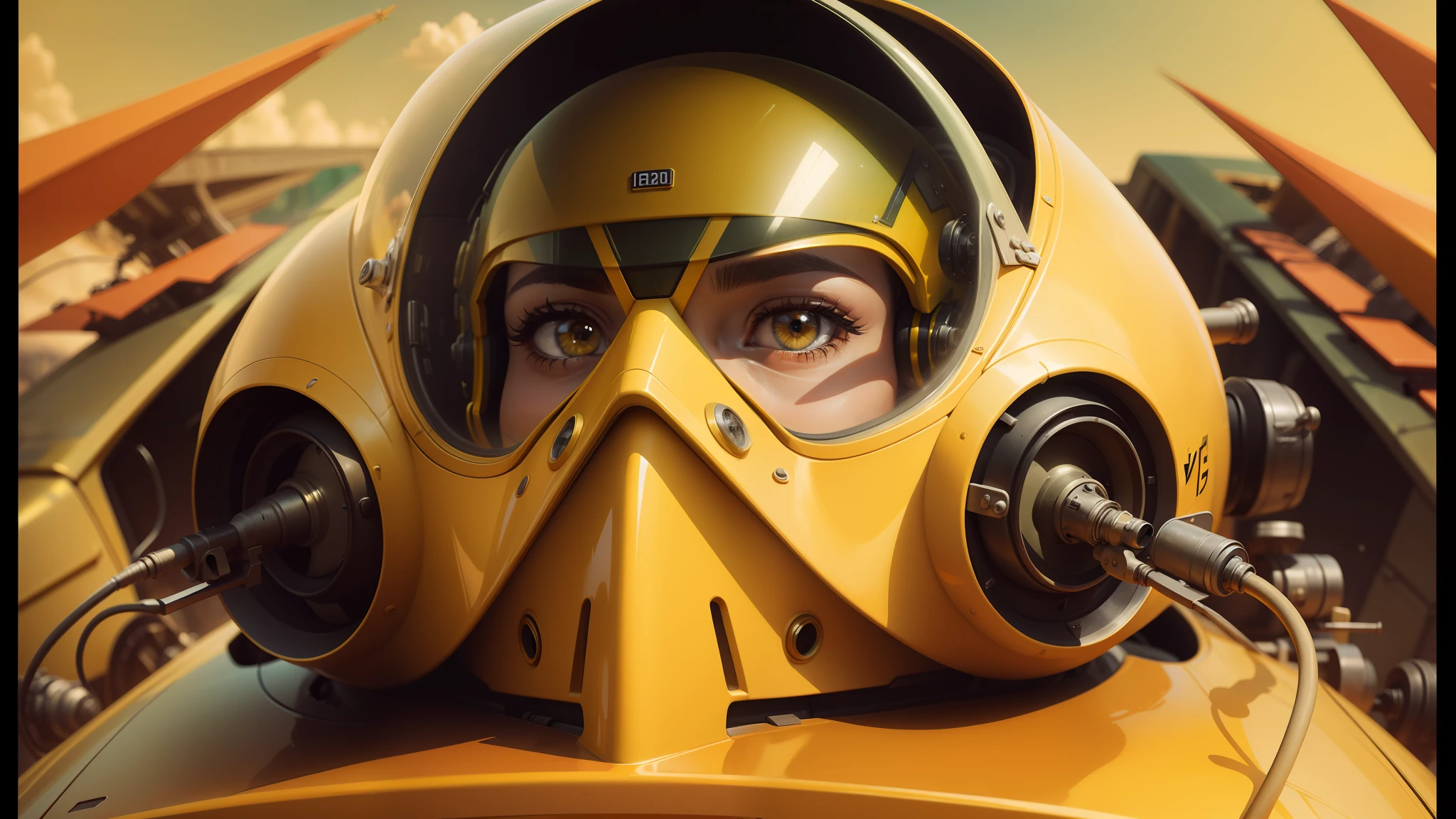 there is a man in a yellow gas mask sitting in a yellow car, stunning sci-fi concept art, glass helmets and dove wings, inspired by Wojciech Siudmak, dynamic closeup, vulture, photorealism pastel, dieselpunk art style, anamorphic widescreen, tekkon kinkreet, hyperrealistic beautiful face, speedy aircraft, masterful painting --ar 16:9 --auto --s2