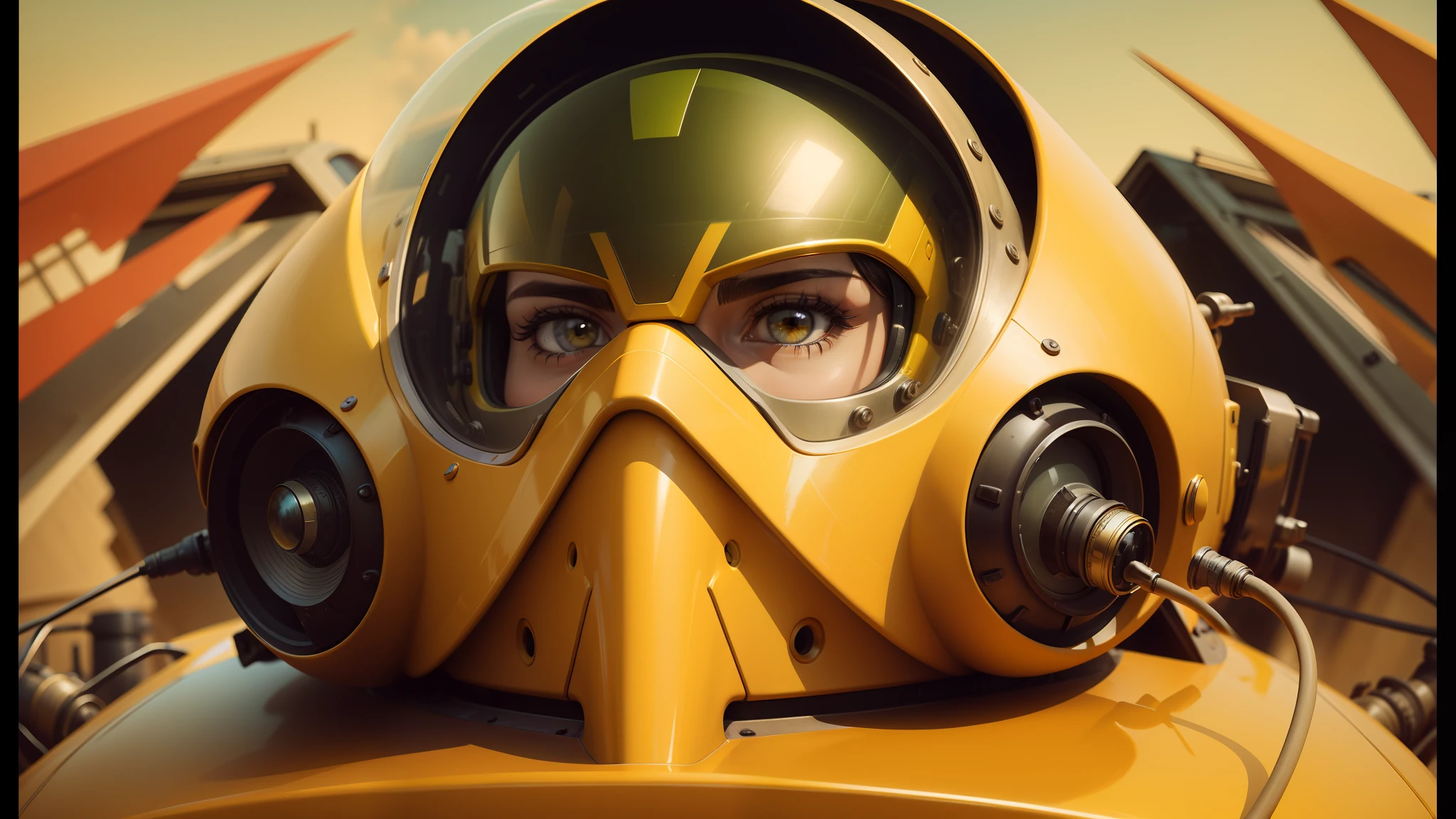 there is a man in a yellow gas mask sitting in a yellow car, stunning sci-fi concept art, glass helmets and dove wings, inspired by Wojciech Siudmak, dynamic closeup, vulture, photorealism pastel, dieselpunk art style, anamorphic widescreen, tekkon kinkreet, hyperrealistic beautiful face, speedy aircraft, masterful painting --ar 16:9 --auto --s2