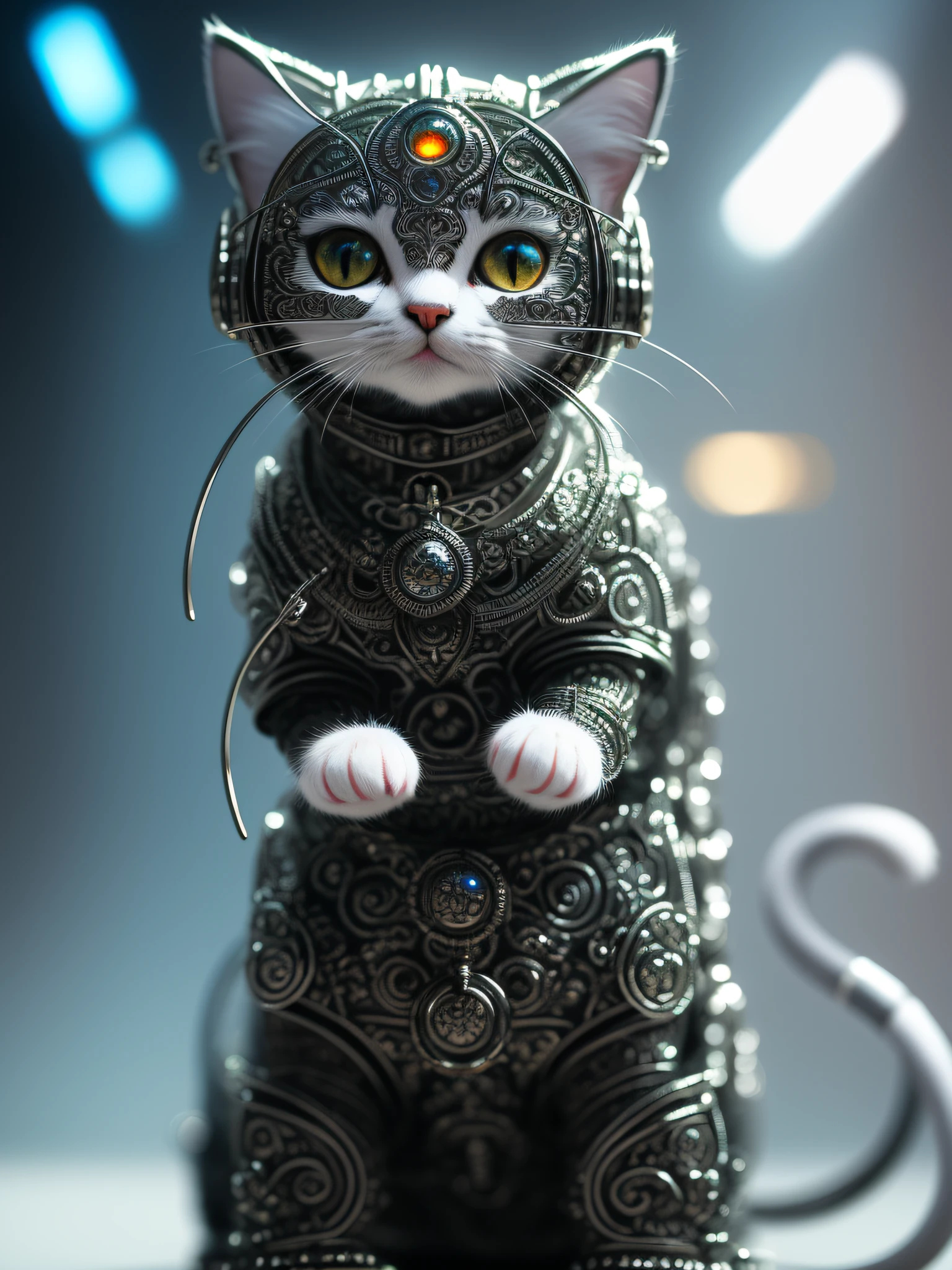 A cute kitten made of metal, (cyborg:1.1), ([tail|detailed wire]:1.3), (intricate detail), hdr, (intricate detail, hyperdetailed:1.2), cine lens, halo shadows , centered