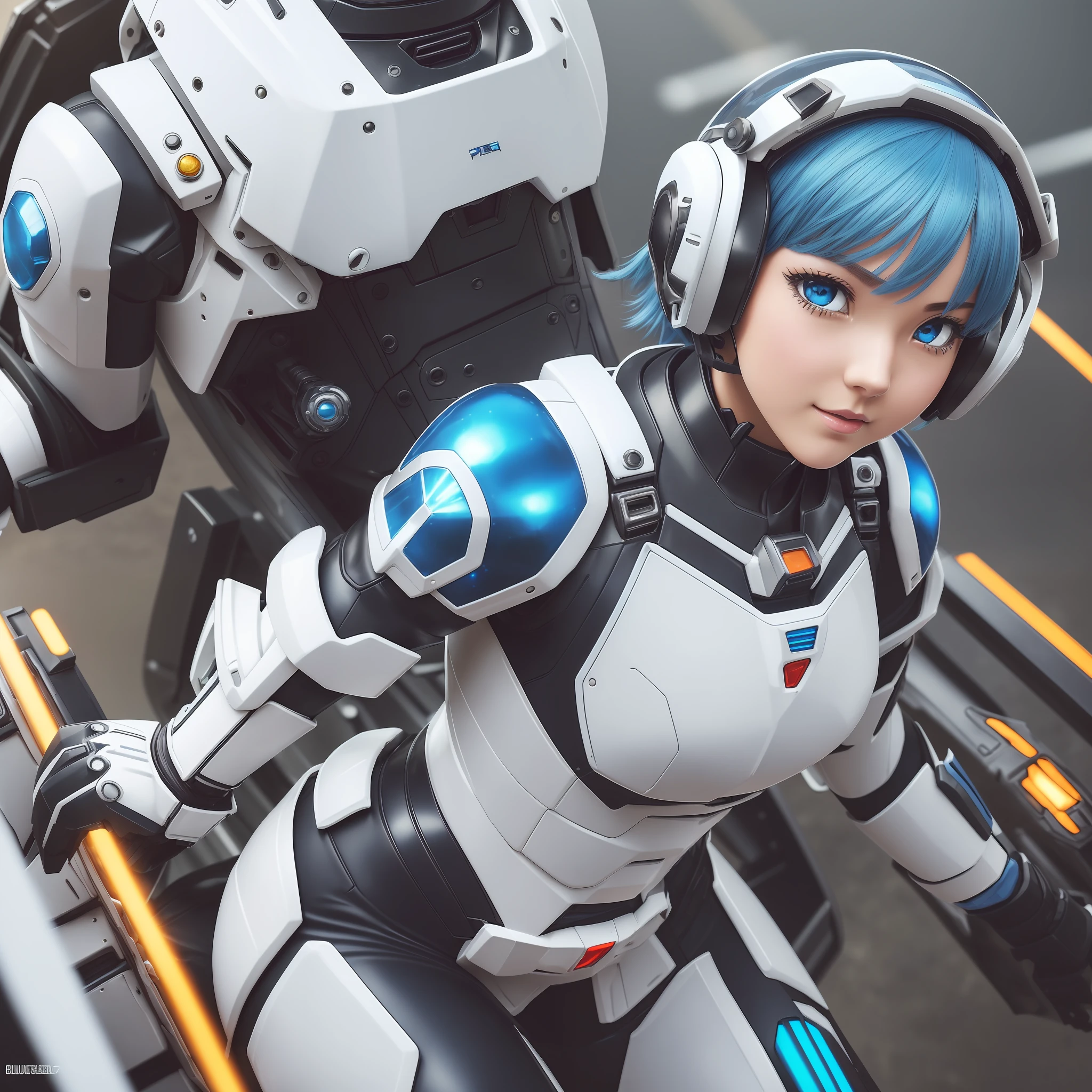 (Masterpiece, top quality, distinct_image, very elaborate CG, detailed detail, (photorealistic: 1.4), high quality textures, fine-grained, realistic face expression): (Look at the viewer, from above, blush, full body, rem_re_zero, blue hair, short hair, one eye hidden with bangs, sparkly blue color eyes, pilot suit in white and blue and black colors, tight Fitted clothes, clothes that cover the whole body, beauty, cuteness, slim body, exoskeleton, dynamic angles, dynamic poses, light on face, white and blue and black metal armor, heroine, helmet, boots, light smile, golden hour lighting, detailed Gundam cockpit of solo ride) --auto --s2