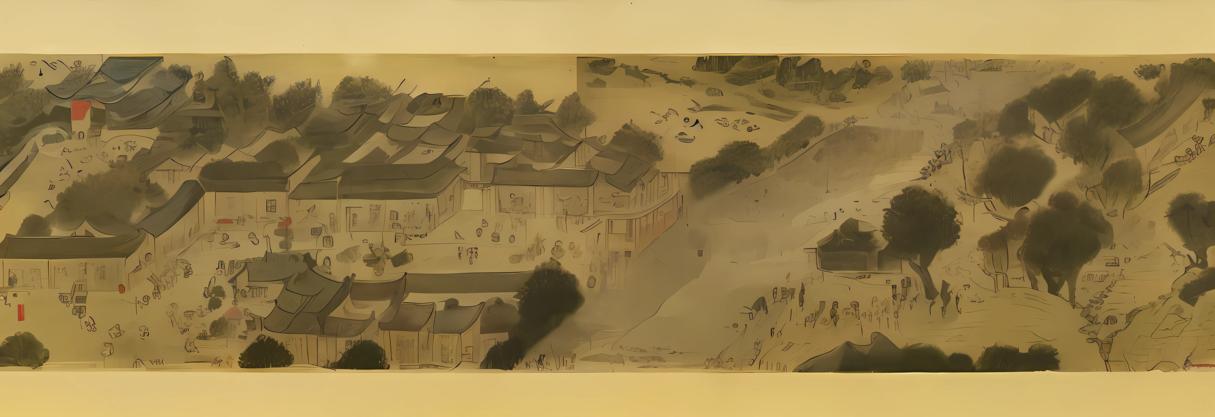 An ancient painting of a village with many people, Qing Dynasty painting, Qing Dynasty, Ancient Chinese painting, Song Dynasty, traditional painting, Li Di, ancient Chinese art style, Tang Di, Qiu Ying, Qian Du, Chinese traditional painting, Chinese countryside, Chinese traditional art, Li Rongjin, Gu An, Qingming upper river map