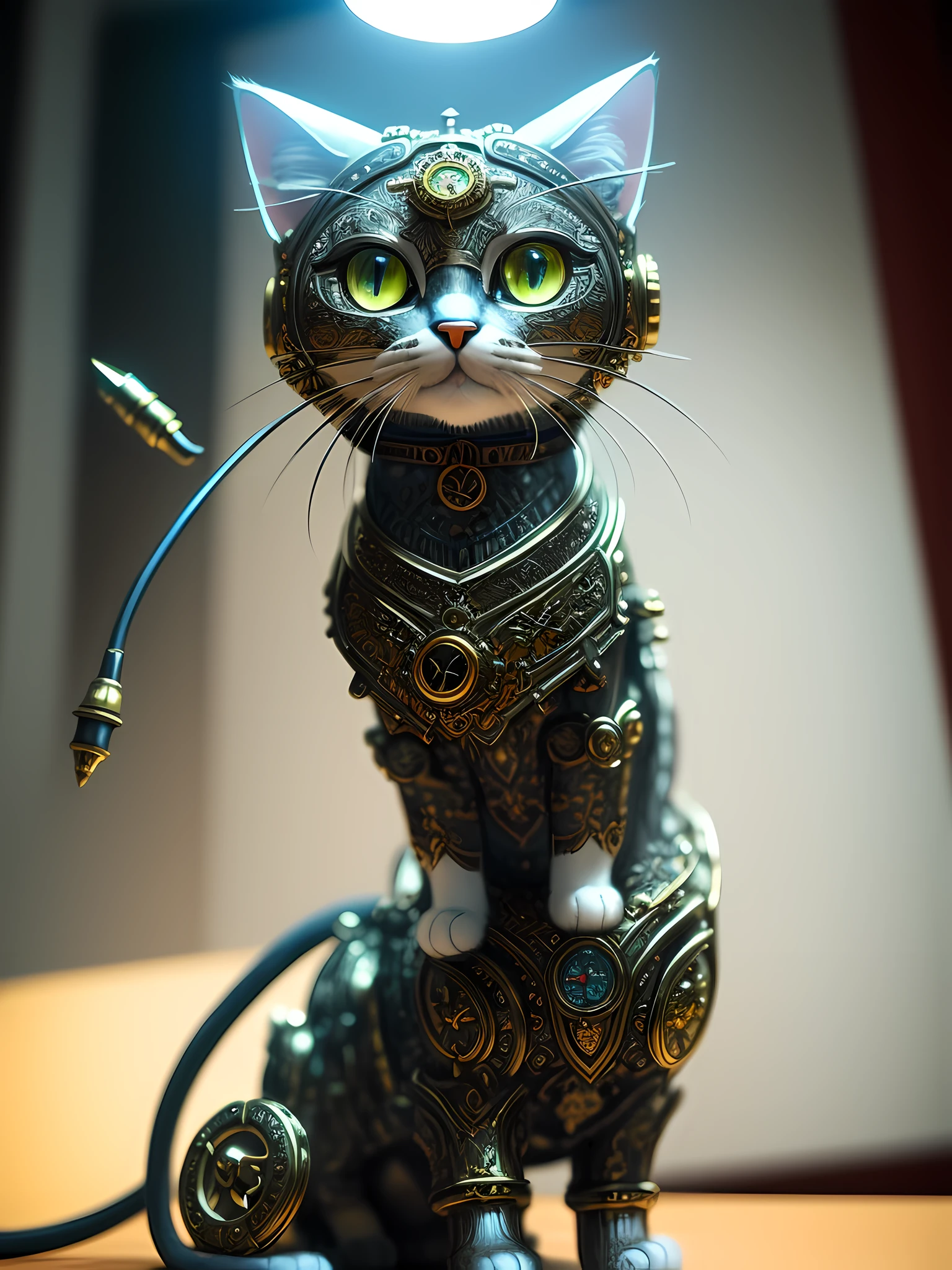 there is a cat statue sitting on a table with a light on, cat detailed, steampunk cat, cute detailed digital art, detailed digital 3d art, intricate wlop, photorealistic and intricate, very intricate photorealistic, cyborg cat, elegant cat, super detailed and realistic, by Nikita Veprikov, cute detailed artwork, overdetailed art, stunning and rich detail