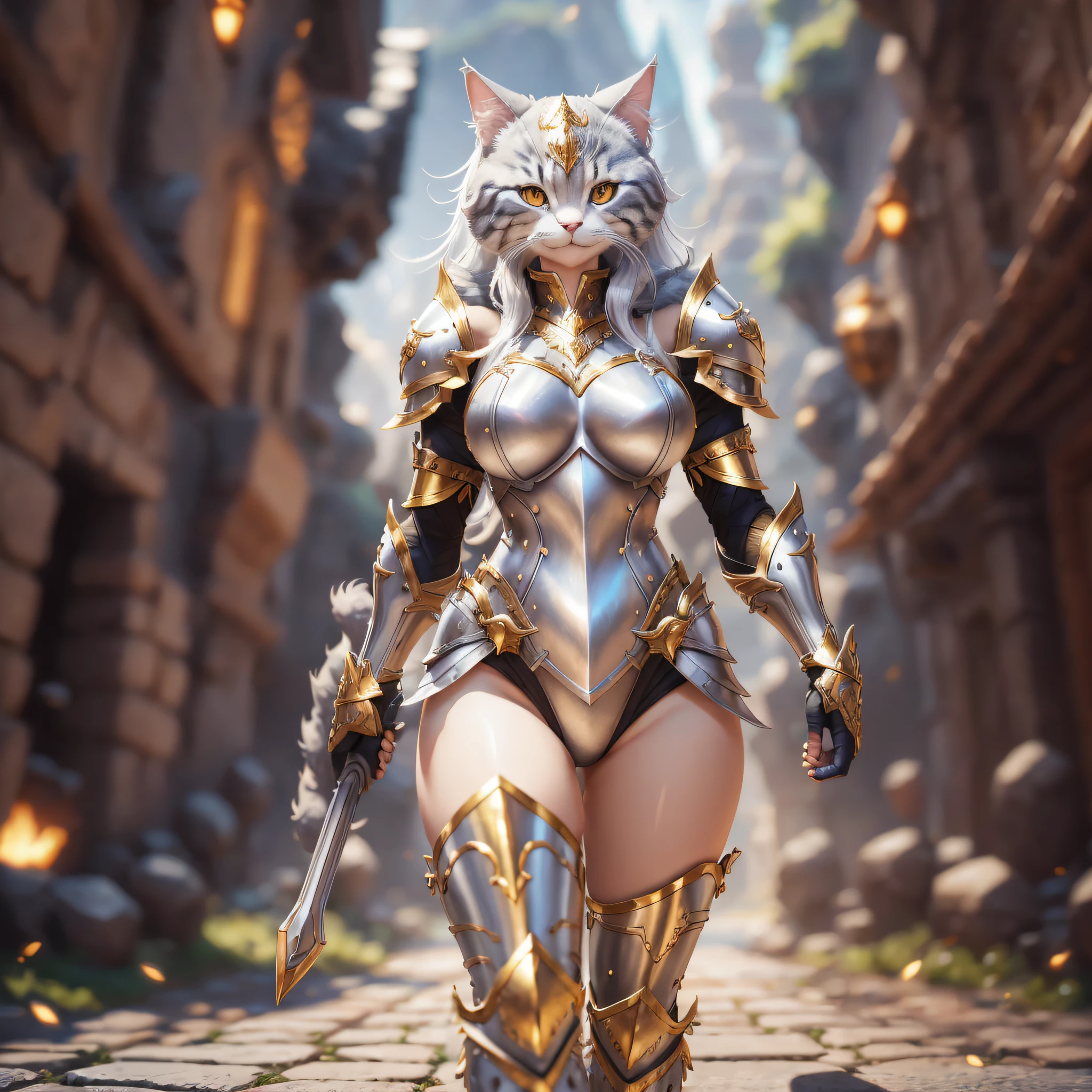 Super cute furry cat warrior in armor, armor is gold and silver and silver, realistic, body portrait, sexy, 4K, super detailed, vray rendering, Unreal Engine, mid-journey art style, the most beautiful images in the world, amazing location, 4k, 8k, ultra high resolution, high resolution, HDR, smile, ((smile)), ((standing)))), full body, Amazing place, 4k, 8k, hyper gulity, highly detailed, hyper gulity, highly detailed, water--V5--S 750--Q2, ((masterpiece, highest quality, high quality, high resolution)), great place, best quality, body portrait --auto --s2