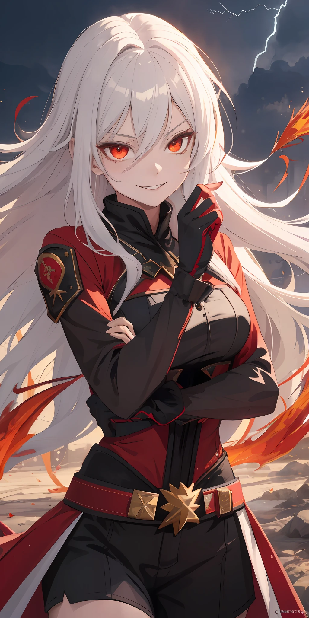 1girl, flying hair, red eyes, fire witch, blood on face, light particles, lightning rays, wallpaper, colorful, high contrast, vampire, smirk, evil smile, psychopathic smirk, psychopathic smile, tilted head