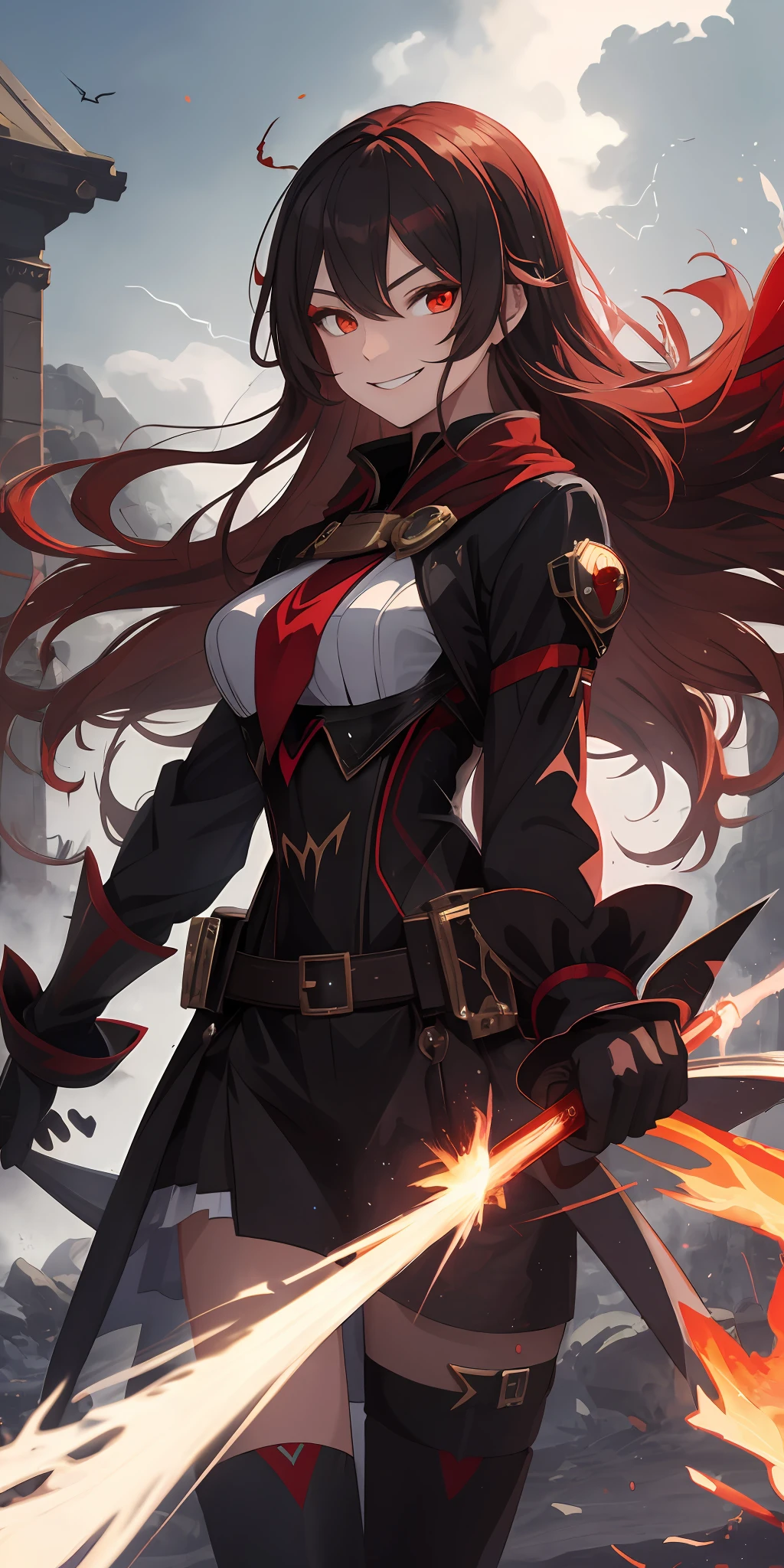 1girl, flying hair, red eyes, fire witch, blood on face, light particles, lightning rays, wallpaper, colorful, high contrast, vampire, smirk, evil smile, psychopathic smirk, psychopathic smile, tilted head