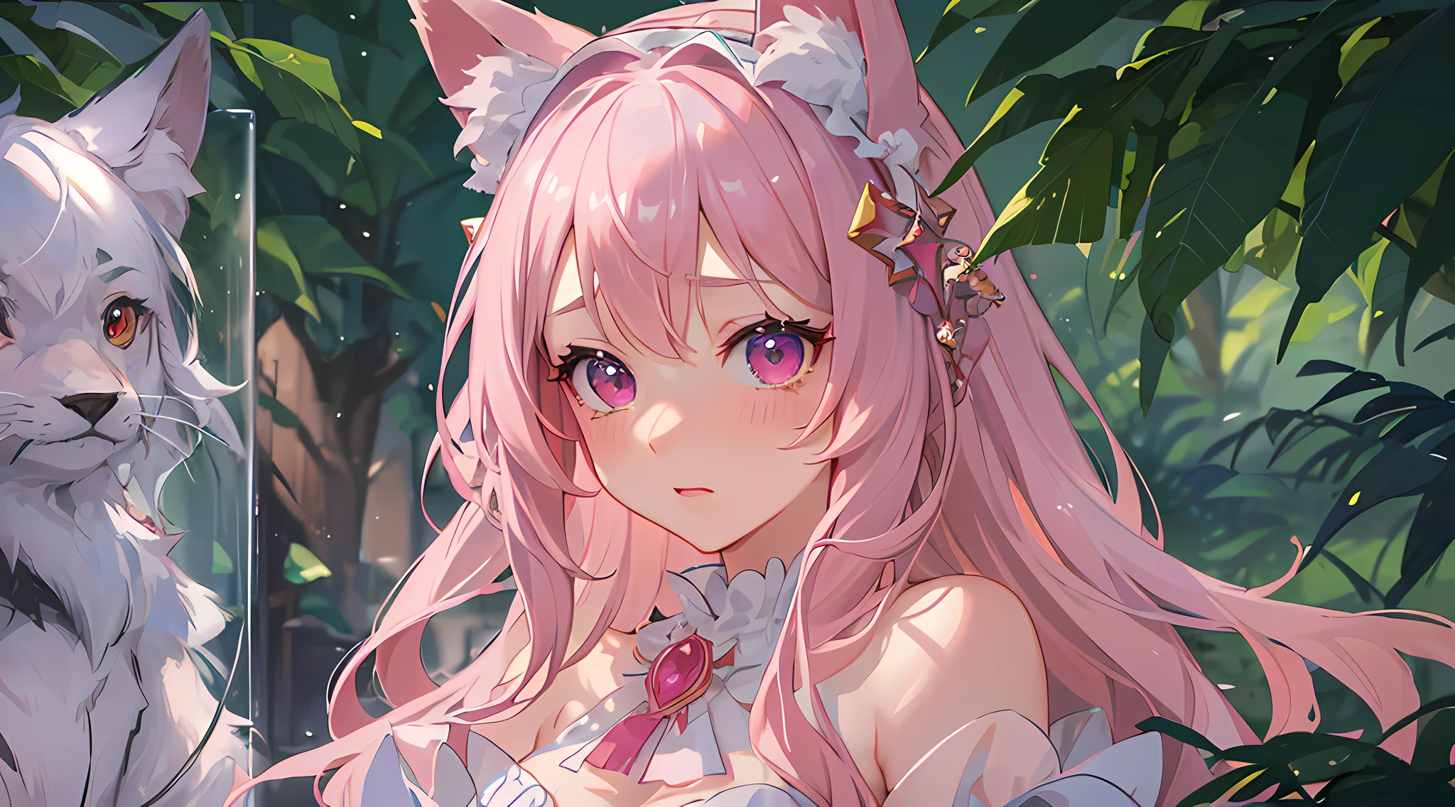 furry, pink fur, off-shoulder white semi transparent morning dress, hair between eyes, pink hair, hair over shoulder, wet hair, bell, horns, forehead jewel, lolita hairband, eye reflection, streaming tears, slit pupils, fox ears, embarrassed, blush, full blush, flustered, Realism, Hyperrealism, ray tracing, reflection light, backlighting, Fujicolor, UHD, retina, anatomically correct, super detail, best quality, highres