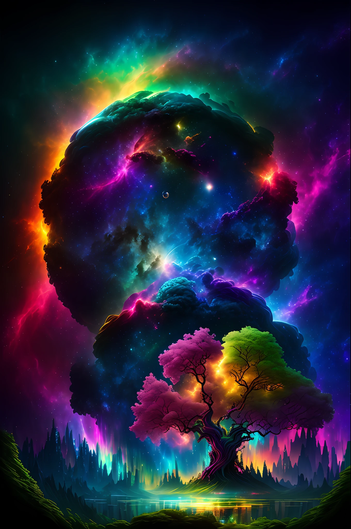 masterpiece 
The Birth of Creation, lush trees reflecting energetic and colorful streams of light in the magnificent galactic sky, professional color grading, soft shadows, no contrast, clean and sharp focus, cinema film photography, surreal:: Nebula:: 1 Wide Angle Lens:: 1 Defocus::
High Resolution, High Resolution, 16K