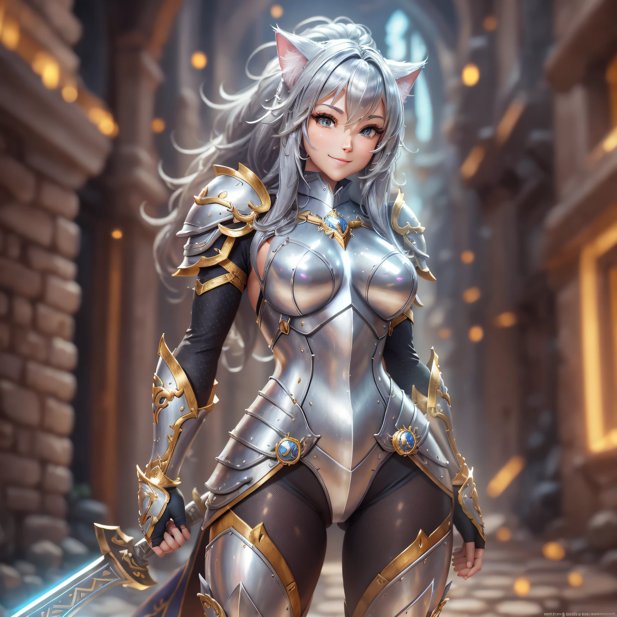 Super cute furry cat warrior in armor, armor is gold and silver and silver, realistic, body portrait, sexy, 4K, super detailed, vray rendering, Unreal Engine, mid-journey art style, the most beautiful images in the world, amazing location, 4k, 8k, ultra high resolution, high resolution, HDR, smile, ((smile)), ((standing)))), full body, Amazing place, 4k, 8k, hyper gulity, highly detailed, hyper gulity, highly detailed, water--V5--S 750--Q2, ((masterpiece, highest quality, high quality, high resolution)), great place, best quality, body portrait --auto --s2