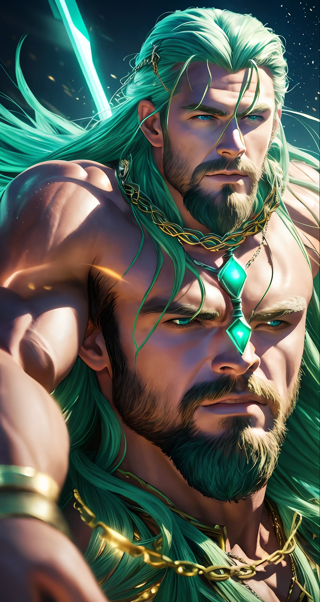 A photorealistic portrait of Chris Hemsworth with long white hair, as Poseidon God of the Seas, wearing a chain around his neck (glowing green chain:1.2) (in hand:1.2), cinematic rim light, very strong and fitted, intense action, dynamic juxtaposition, wearing royal clothes and holding a bronze trident with precious gems, warrior helmet and a sword, with a futuristic underwater kingdom as the background, fierce, tumblr contest winner, hurufiyya, very strong and masculine, movie still, cinematic lighting. photograph, detailed symmetric realistic face, extremely detailed natural texture, peach fuzz, long waived hair, masterpiece, absurdres, nikon d850 film stock photograph, kodak portra 400 camera f1.6 lens, extremely detailed, amazing, fine detail, hyper realistic lifelike texture, dramatic lighting, unrealengine, trending on artstation, cinestill 800 tungsten, looking at the viewer, photo realistic, RAW photo, TanvirTamim, high quality, highres, sharp focus, extremely detailed, cinematic lighting, 8k uhd,-imagine- --auto --s2