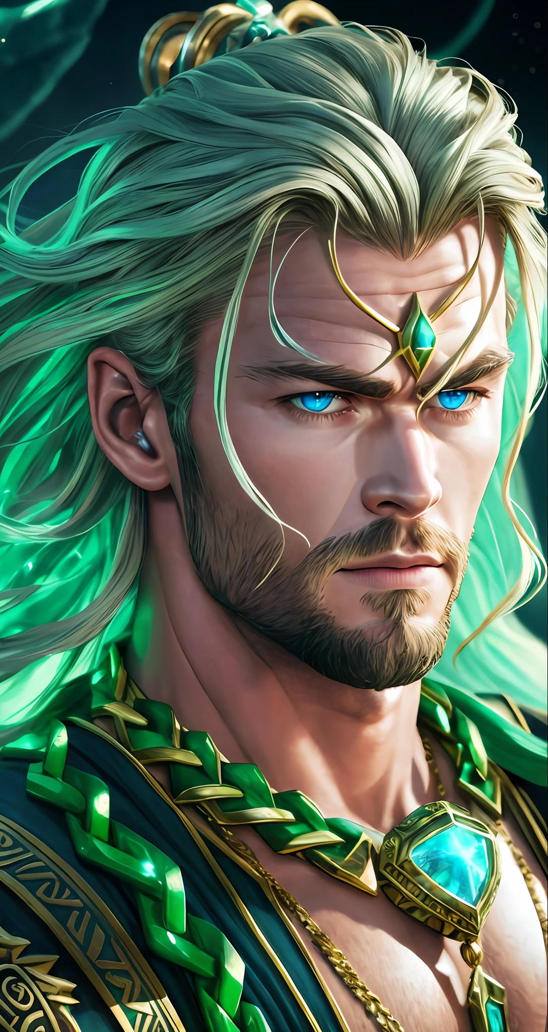 A photorealistic portrait of Chris Hemsworth with long white hair, as Poseidon God of the Seas, wearing a chain around his neck (glowing green chain:1.2) (in hand:1.2), cinematic rim light, very strong and fitted, intense action, dynamic juxtaposition, wearing royal clothes and holding a bronze trident with precious gems, warrior helmet and a sword, with a futuristic underwater kingdom as the background, fierce, tumblr contest winner, hurufiyya, very strong and masculine, movie still, cinematic lighting. photograph, detailed symmetric realistic face, extremely detailed natural texture, peach fuzz, long waived hair, masterpiece, absurdres, nikon d850 film stock photograph, kodak portra 400 camera f1.6 lens, extremely detailed, amazing, fine detail, hyper realistic lifelike texture, dramatic lighting, unrealengine, trending on artstation, cinestill 800 tungsten, looking at the viewer, photo realistic, RAW photo, TanvirTamim, high quality, highres, sharp focus, extremely detailed, cinematic lighting, 8k uhd,-imagine- --auto --s2