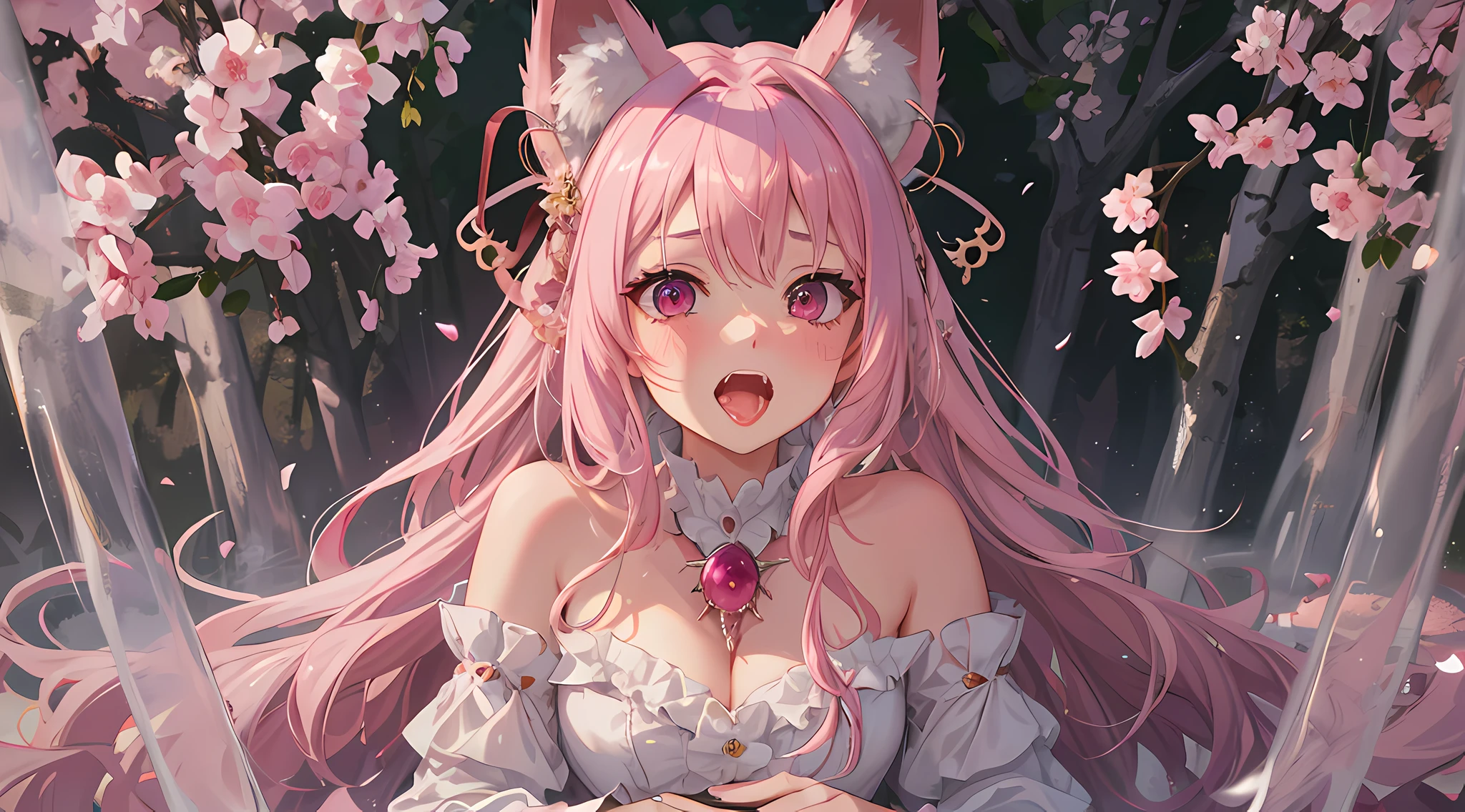 furry, pink fur, off-shoulder white semi transparent morning dress, sitting on grass, sakura forest background, hair between eyes, pink hair, gradient hair, hair over shoulder, wet hair, shiny hair, bell, horns, forehead jewel, dragon horns, ta hairband, eye reflection, streaming tears, slit pupils, fox ears, wolf ears, open mouth, embarrassed, blush, fangs, tongue, saliva, full blush, flustered, Realism, Hyperrealism, ray tracing, reflection light, backlighting, Fujicolor, UHD, retina, anatomically correct, super detail, best quality, highres