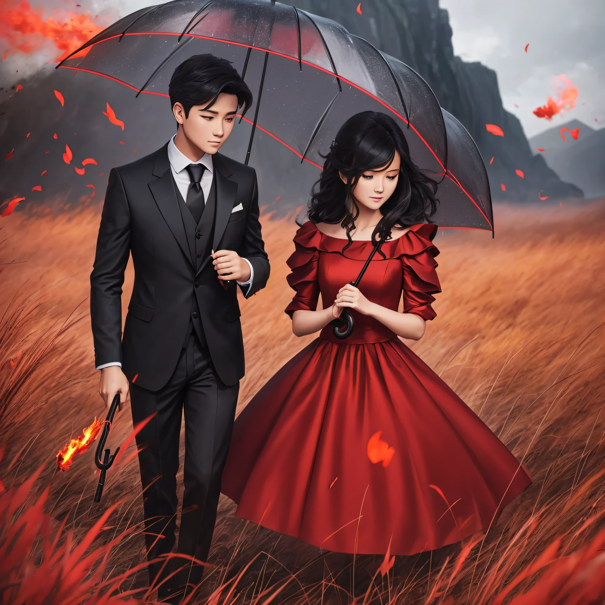 1 girl in a long red dress, holding a black umbrella, 1 boy in a black suit, holding a red umbrella, surrounded by a burning grass field, there are poker cards flying around, the background is a cliff, photo realistic, light lighting, side light --auto --s2