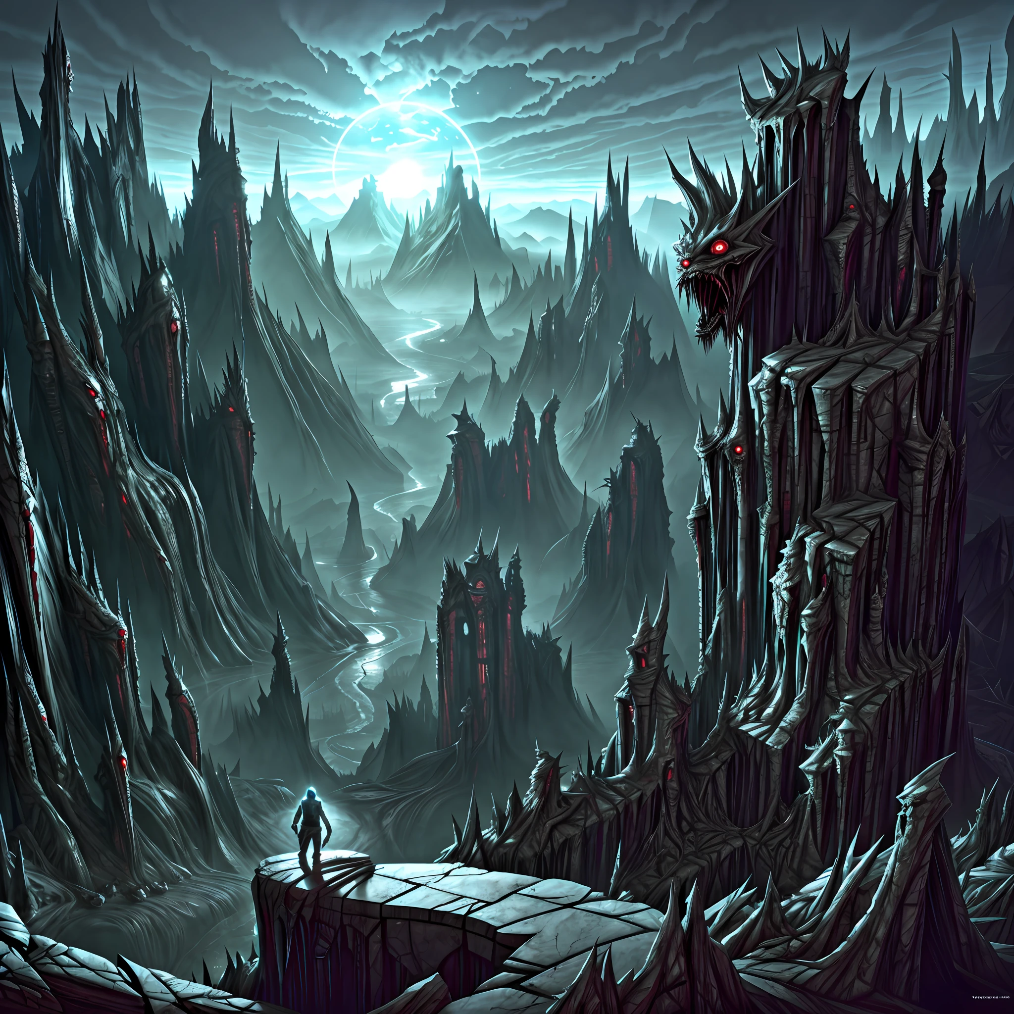 view from the top: horror art landscape, complex biomechanical monuments, biomorphic buildings, elaborate variations of evil sculptures, complex variations of biomechanical horror sculptures, dark valley, spiked walls, broken walls, madness, thorns, a polluted lake, a waterfall to the abyss, artstation, uhd, unreal engine, line art drawing style.