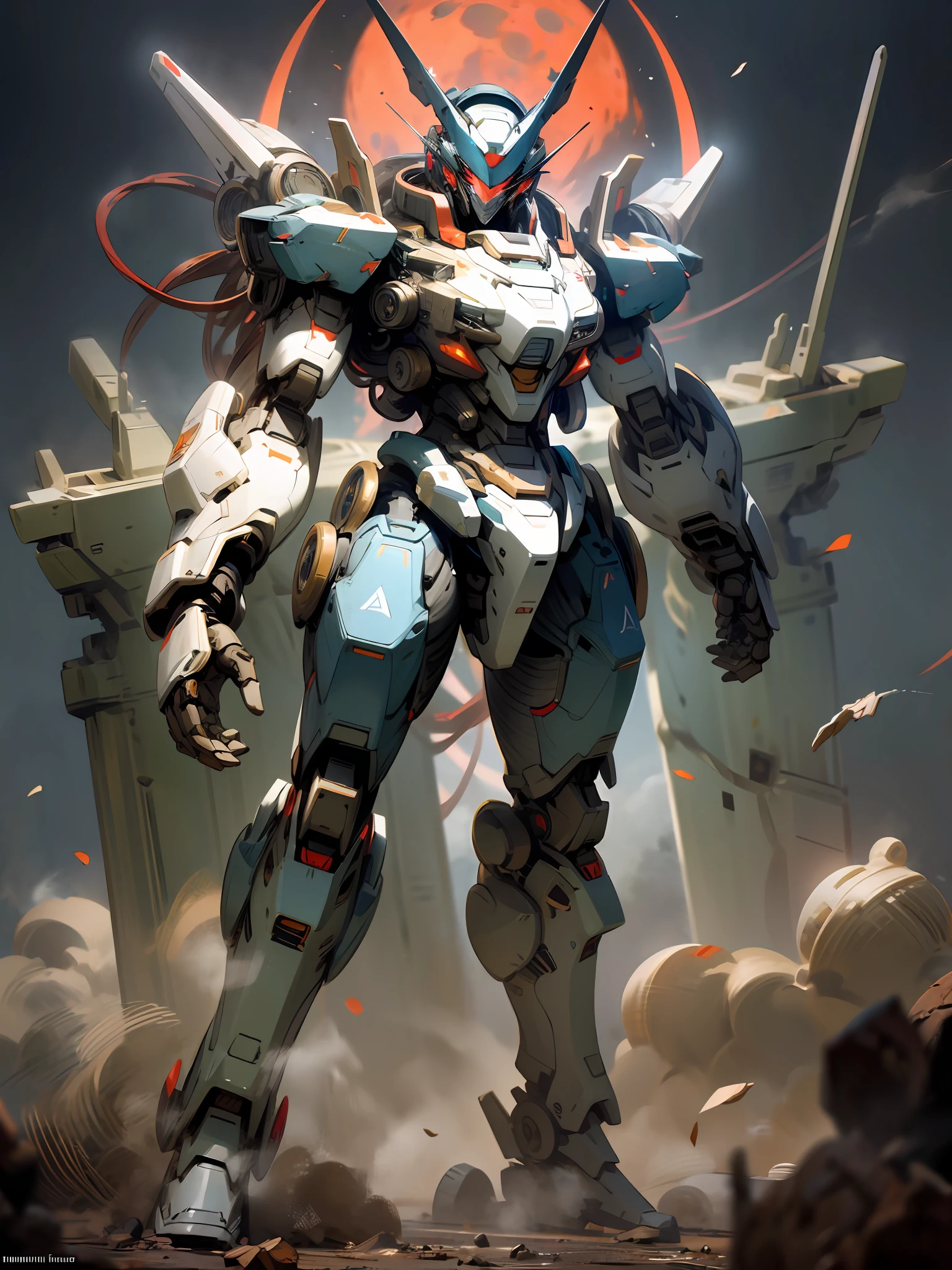 masterpiece, high quality, highly detailed, detailed head, full body, blue and withe mecha, big red moon, dust, cinematic lighting,