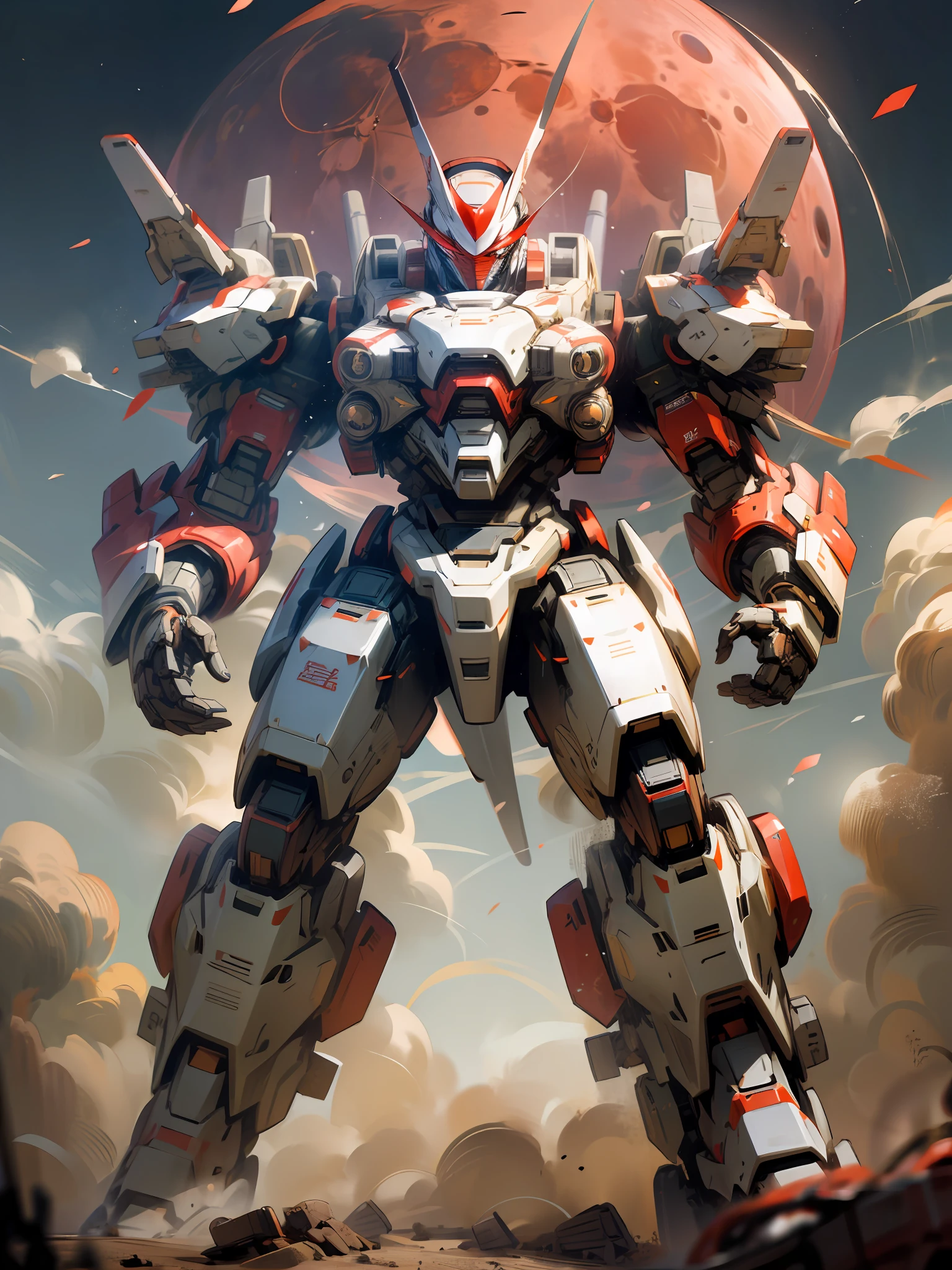 masterpiece, high quality, highly detailed, detailed head, full body, blue and withe mecha, big red moon, dust, cinematic lighting,