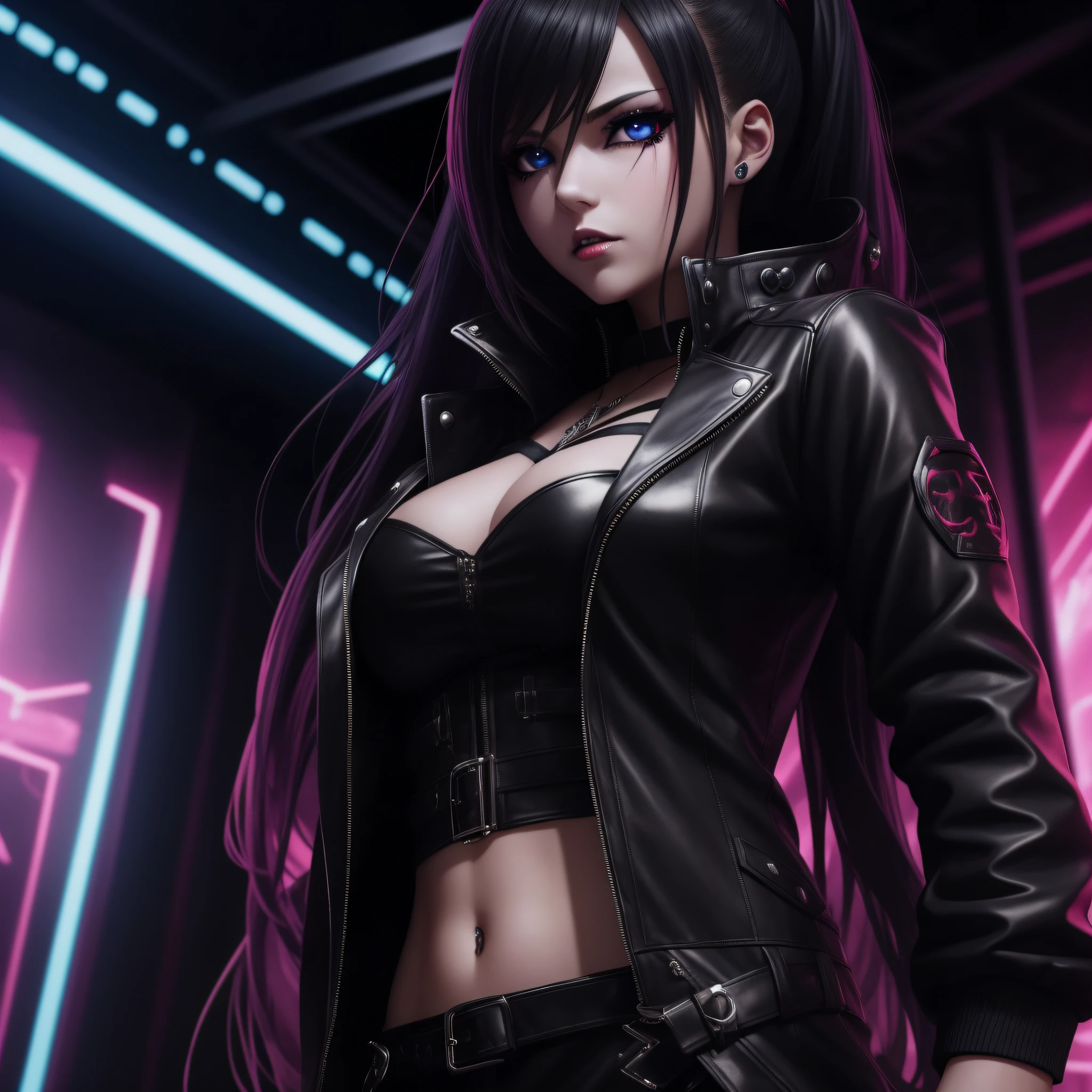 1 Girl, solo, beautiful anime vampire girl in nightclub, provocating pose, trending cybergoth sexy clothing, leather coat, black tearing eyes, 8k best quality,