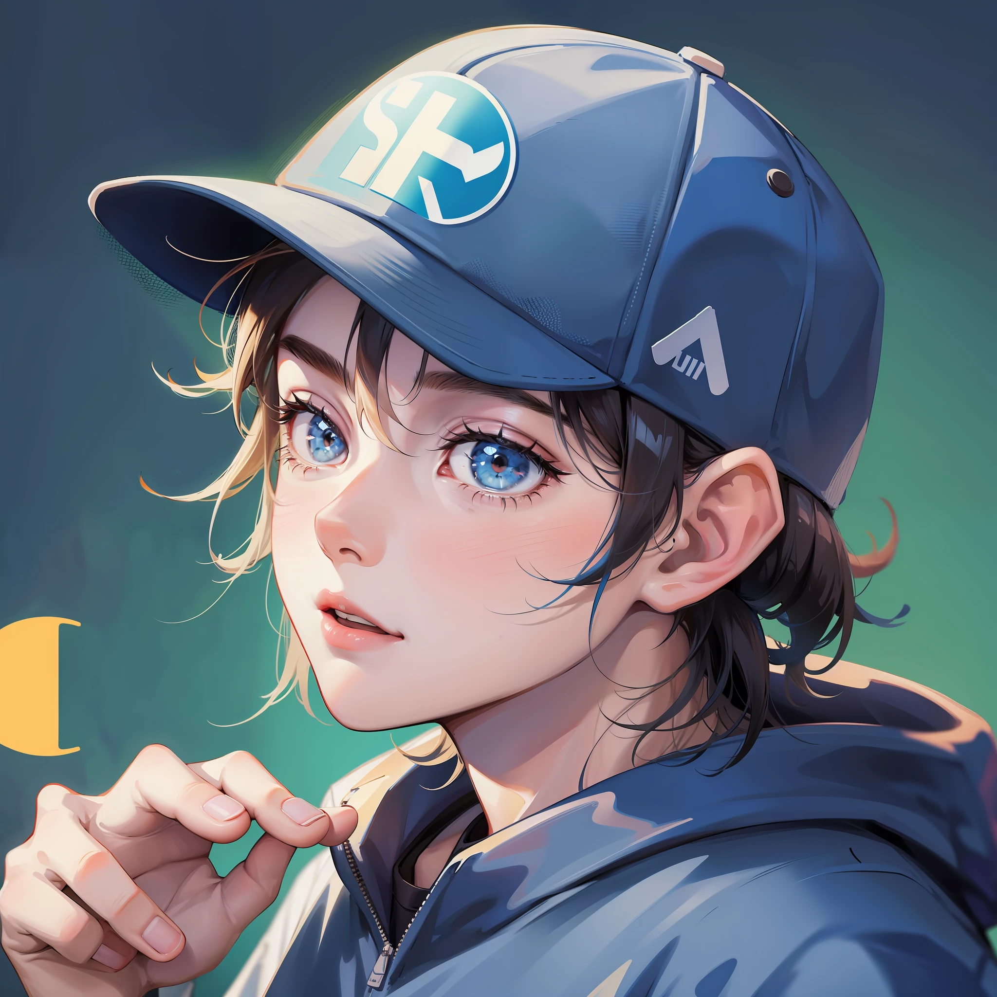 Cartoon style, baseball cap is Nike logo style, the main color is blue, side perspective, head up posture, showing the image of a little boy.