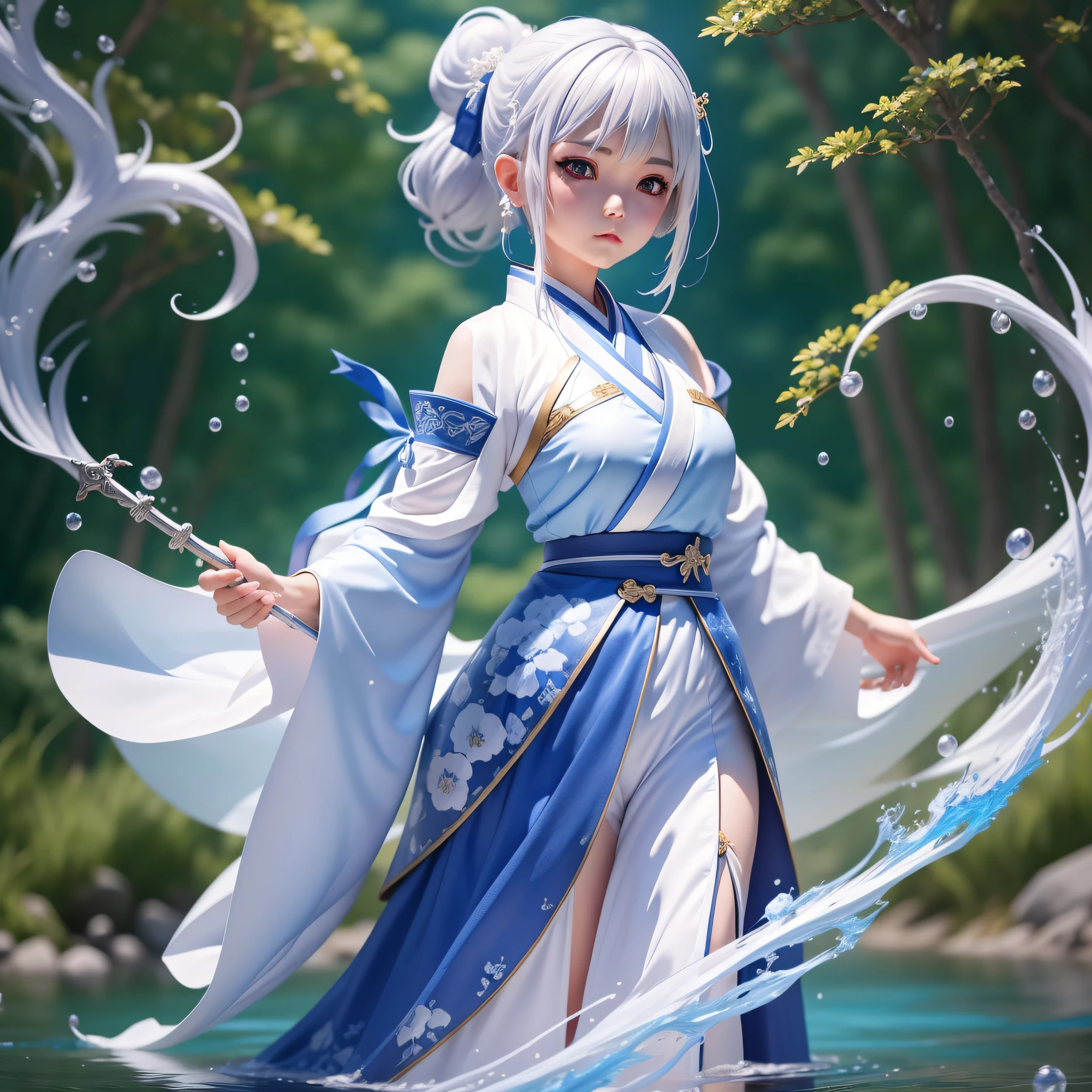 1 girl, dressed in hanfu robes, wearing a sword(blue flame), standing on the water(clear river full of fish), white hair, ponytail, short hair, white hair, UHD, anatomically correct, super detail, 8k, masterpiece, UHD, 8k, super detail, textured skin, award winning, best quality