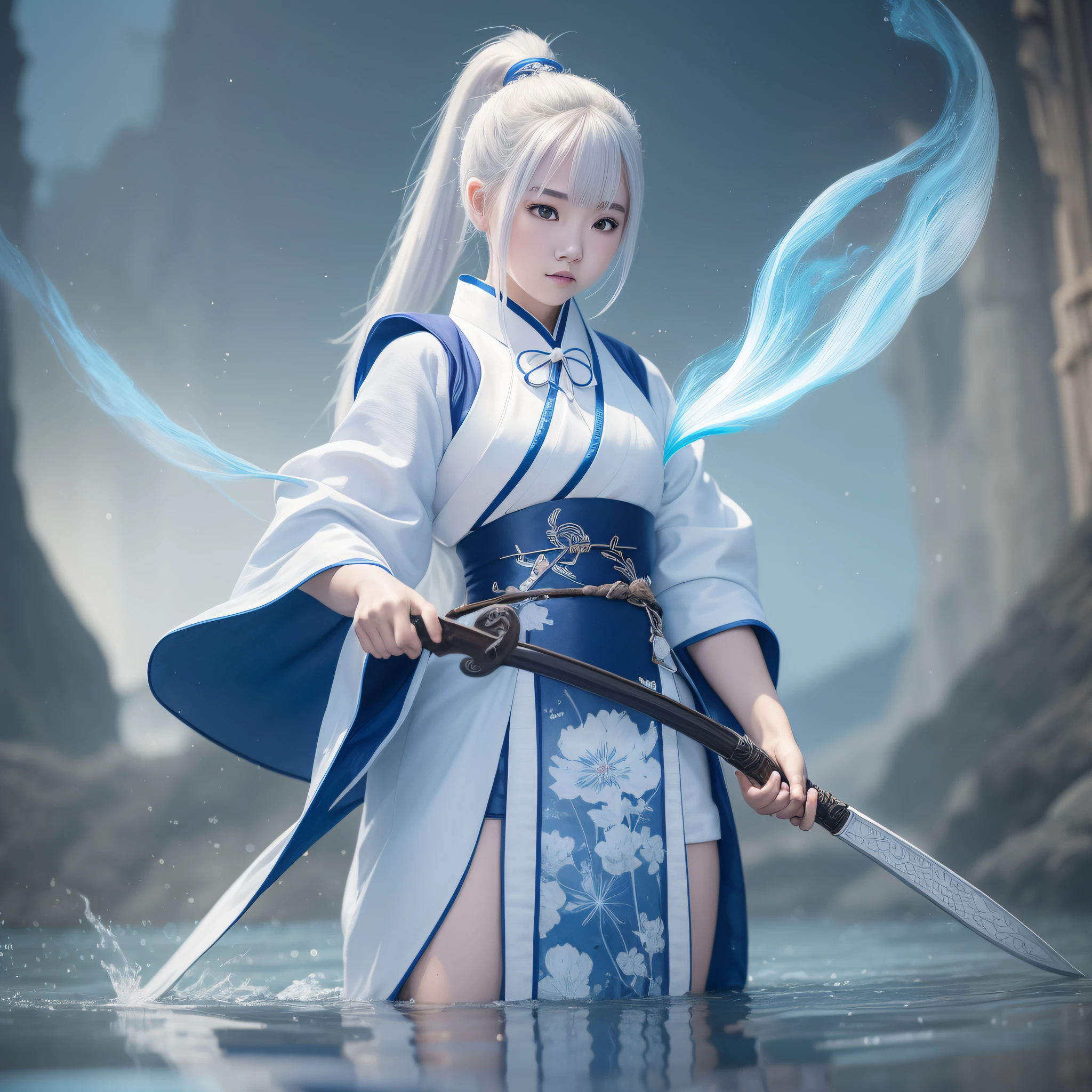 1 girl, dressed in hanfu robes, wearing a sword(blue flame), standing on the water(clear river full of fish), white hair, ponytail, short hair, white hair, UHD, anatomically correct, super detail, 8k, masterpiece, UHD, 8k, super detail, textured skin, award winning, best quality