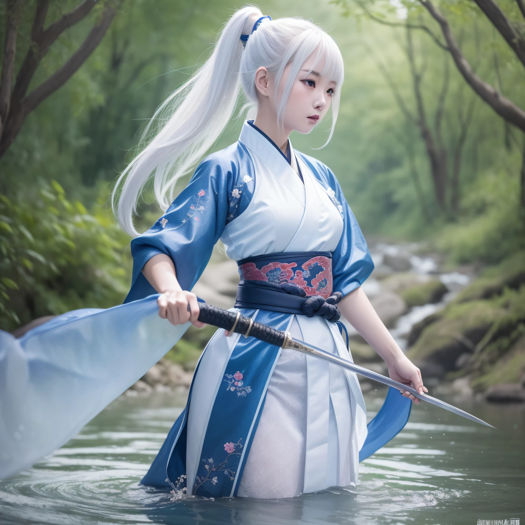 1 girl, dressed in hanfu robes, wearing a sword(blue flame), standing on the water(clear river full of fish), white hair, ponytail, short hair, white hair, UHD, anatomically correct, super detail, 8k, masterpiece, UHD, 8k, super detail, textured skin, award winning, best quality