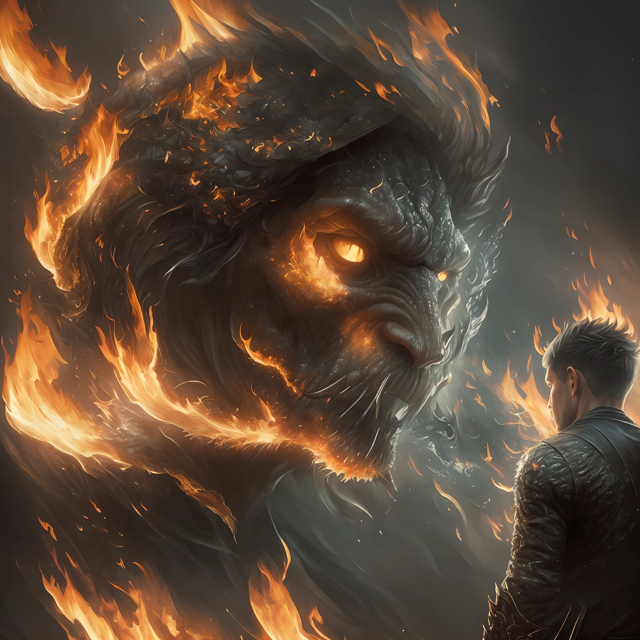 Drawing, realistic fantasy, detail, high detail, dynamism, Portrait of a guy 29 years old, light gray hair, short haircut, protruding hair, (hair detailing) brown eyes, (fine detail of the eyes),(beautiful: 1.3) snide facial expression, narrow, muscular body that evokes magical energy, metallist, fire particles, dissolve into thin air, linear movement, shot cinematically in Canon 5D ultra-realistic skin, Fabian Perez Henry Asensio, Jeremy Mann Mark Simonetti fantasy magical horror atmosphere, (highly detailed environment:1.3), (((breathing fire, flame))) --auto --s2