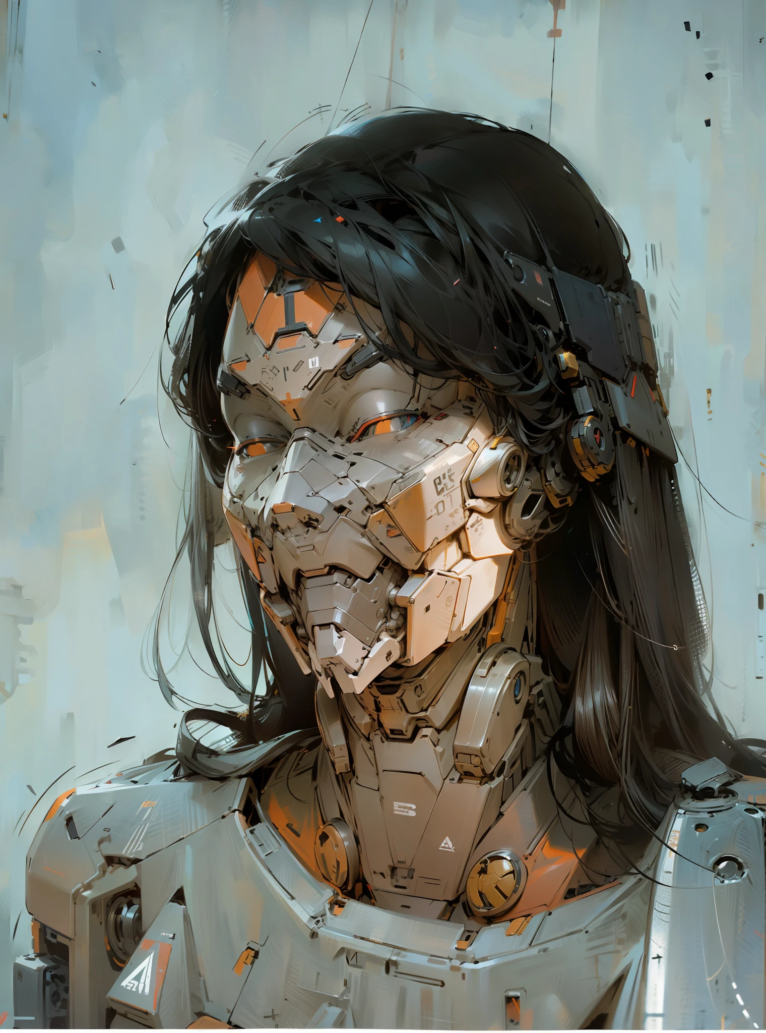 A robot girl, portrait, gray metal face, black helmet, face mechanical detail portrayal, mecha body, machine armor, tech helmet, metal, parts protruding, neck connected by machine levers, complex machine structure and parts, metal texture, battle damage, sense of technology, strong contrast lighting, sense of technology, sense of technology, background paste HD, transformers style, 8K, realism,