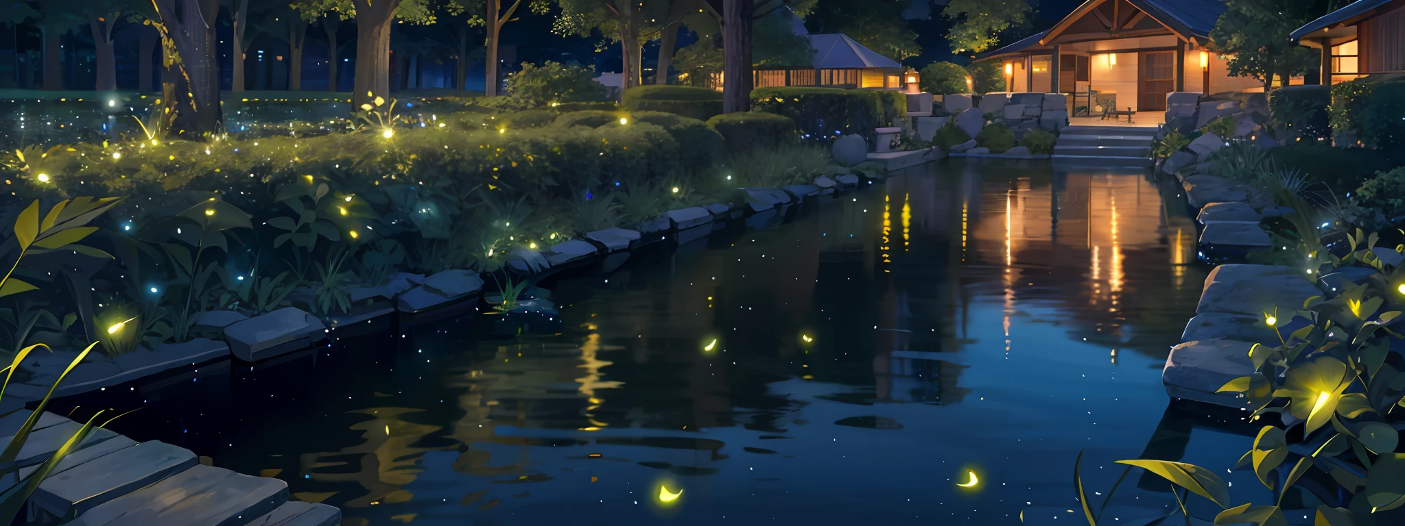Waterside at night, numerous green glowing fireflies flying, ultra-realistic, beautiful, photogenic,