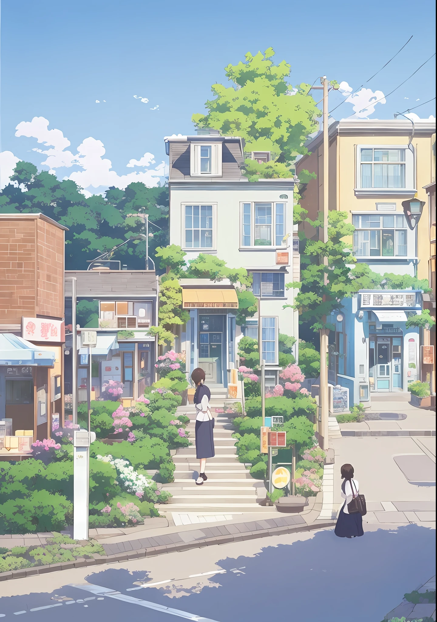 Anime - City street style scene, a woman waiting in front of a store, anime background art, detailed scenery - width 672, anime landscape concept art, anime style cityscape, Studio Ghibli anime style, Studio Ghibli art style, Studio Ghibli program, anime landscape, Studio Ghibli art style, Landscape artwork, Beautiful anime landscape, Forest city street, Ghibli art style, cake shop, cake shop, bakery cake shop, Makoto Shinkai style, Makoto Shinkai anime, Shinkai Makoto art style