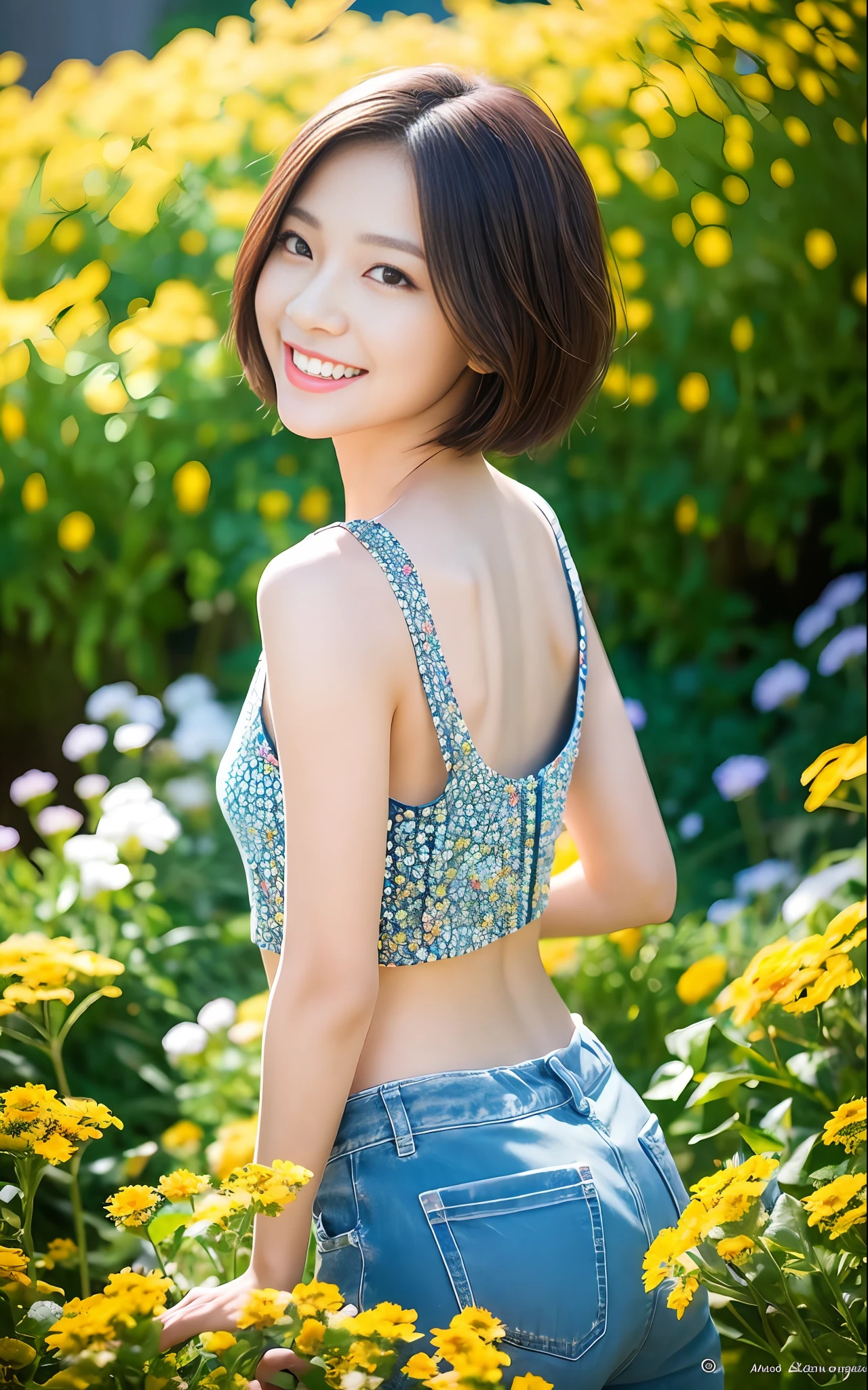 masterpiece, best quality, raw photo, photorealistic, incredibly beautiful, beautiful girl playing in flower garden, kind smile, turn around, cute, short hair, slim body, depth of field, high resolution, ultra detail, fine detail, very detailed, highly detailed eyes and face, beautiful eyes, sharp focus, cinematic lighting