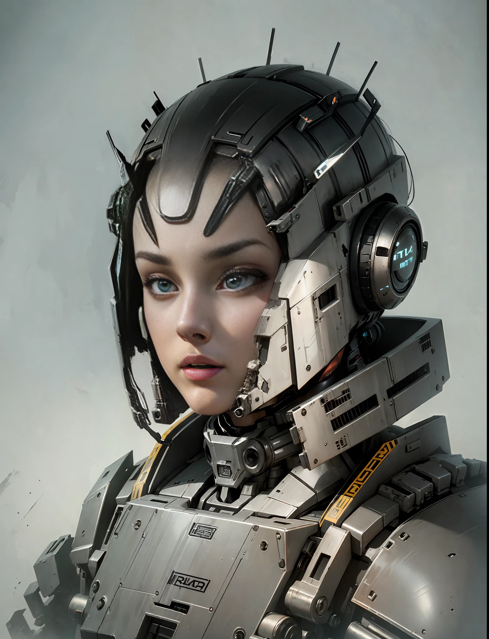 A robot girl, portrait, machine metal face, black helmet, face machine detail portrayal, mecha body, machine armor, tech helmet, metal, parts protruding, neck connected by machine lever, complex machine structure and parts, metal texture, battle damage, sense of technology, strong contrast lighting, sense of technology, sense of technology, background paste HD, transformer style, 8K, realism,