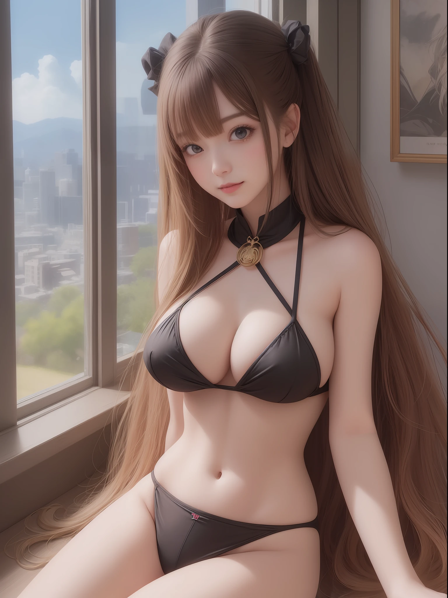 anime girl with absolutely beautiful long hair, sexy bikini, anime moe artstyle, cute anime girl, cute anime girl portrait, pretty anime girl, portrait of cute anime girl, kawaii realistic portrait, anime visual of a cute girl, cute anime girl portraits, portrait anime girl, anime style portrait, beautiful anime girl, full body, smile, (huge boobs:1.2), navel, thin waist, (big hip), Thighs