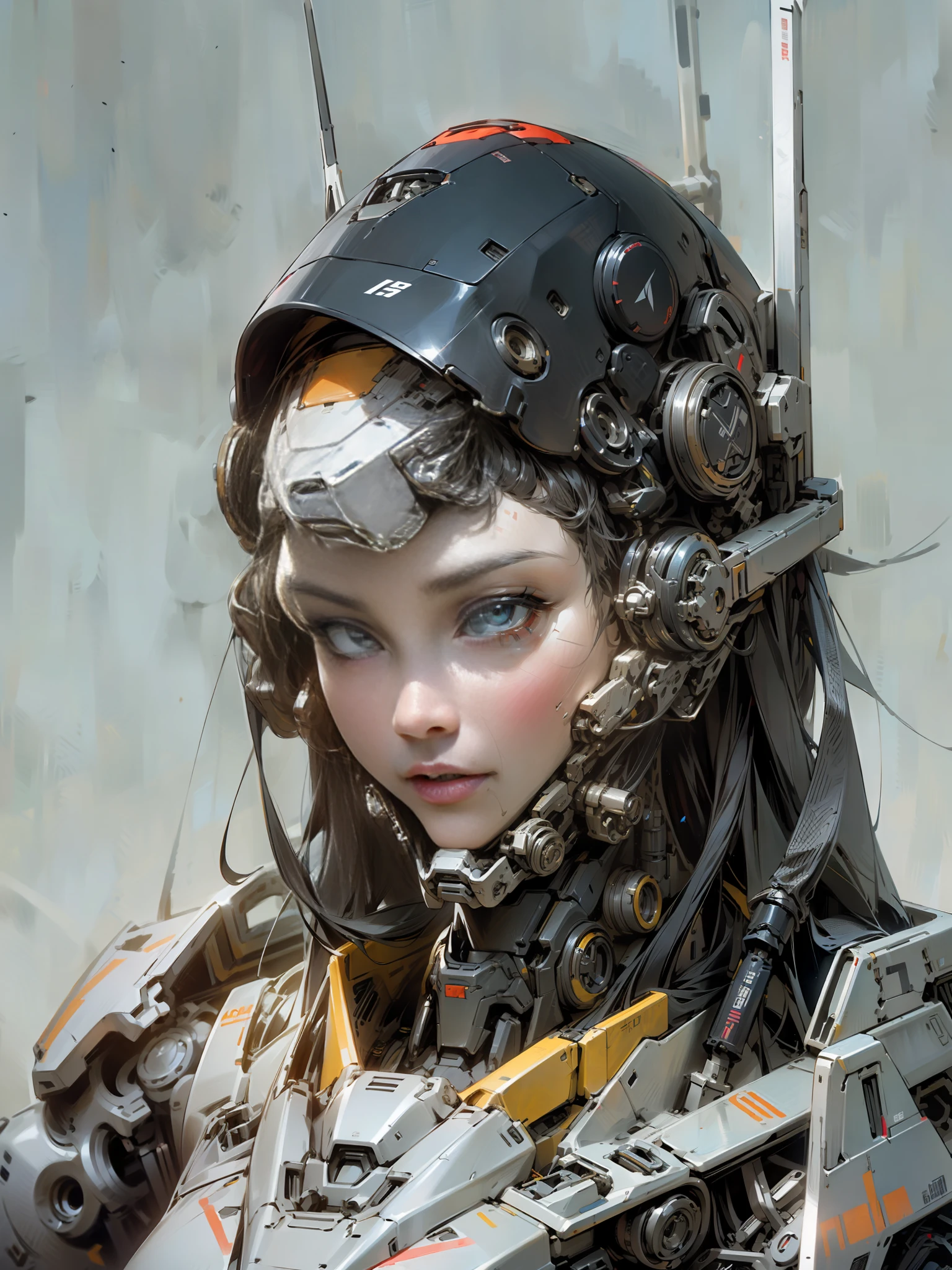 A robot girl, portrait, gray metal face, black helmet, face mechanical detail portrayal, mecha body, machine armor, tech helmet, metal, parts protruding, neck connected by machine levers, complex machine structure and parts, metal texture, battle damage, sense of technology, strong contrast lighting, sense of technology, sense of technology, background paste HD, transformers style, 8K, realism,